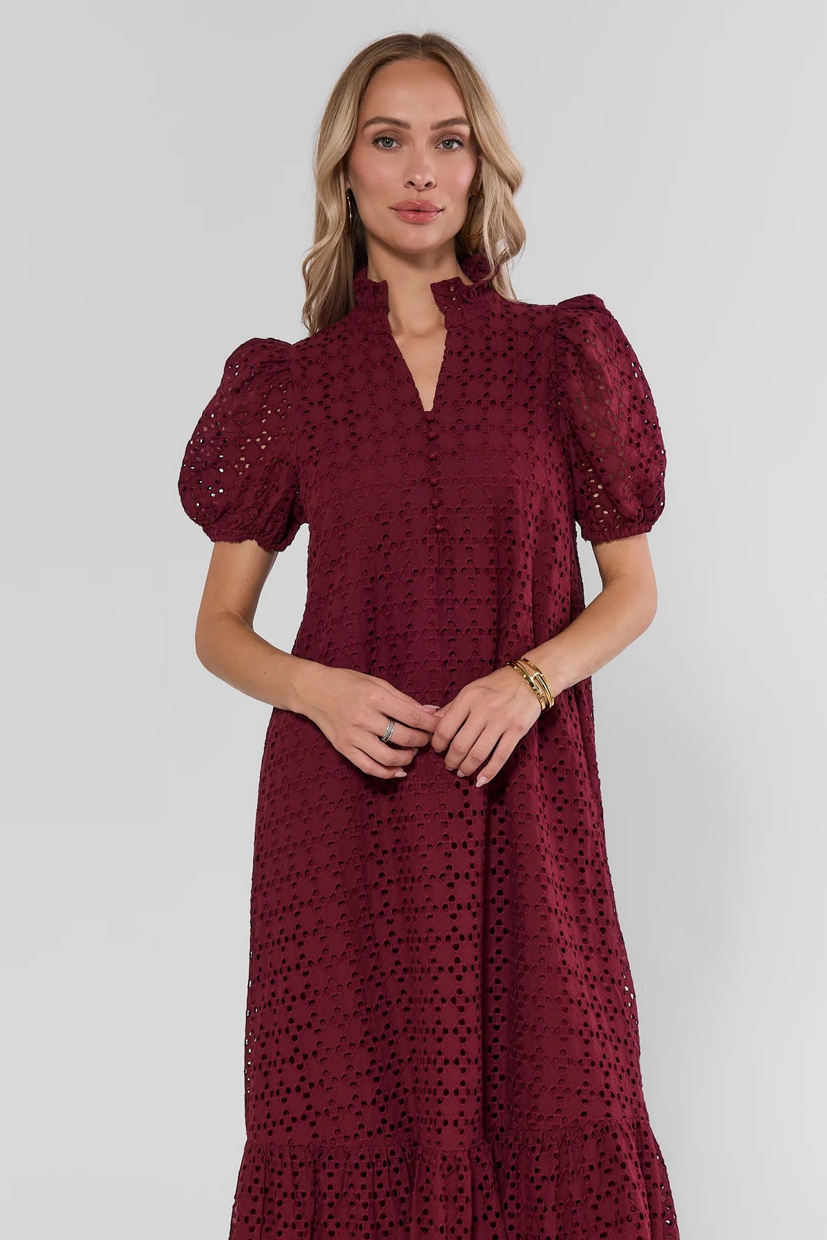 Burgundy Eyelet Overlay Maxi Dress | Women's Clothing