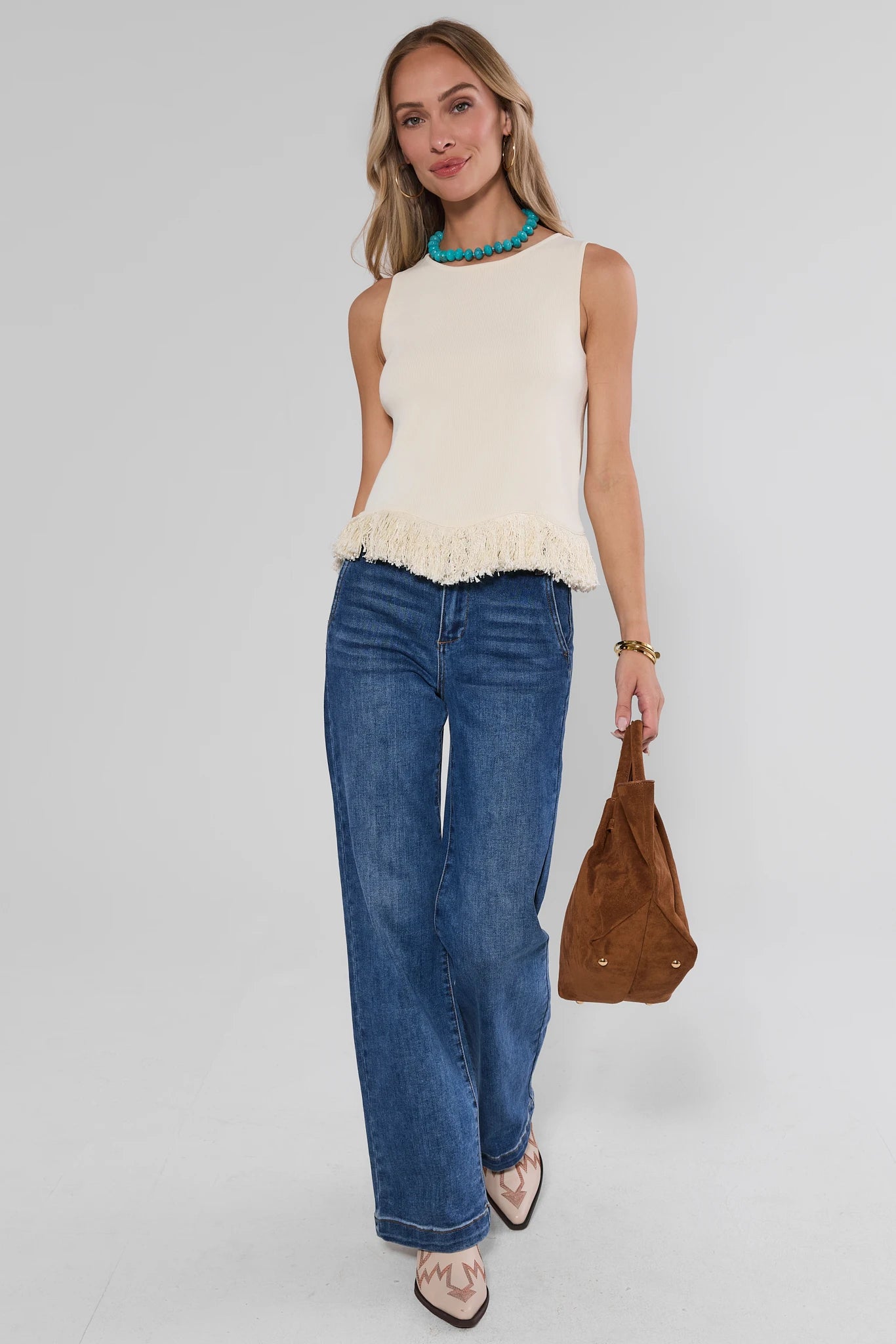Shania White Fringe Trim Top