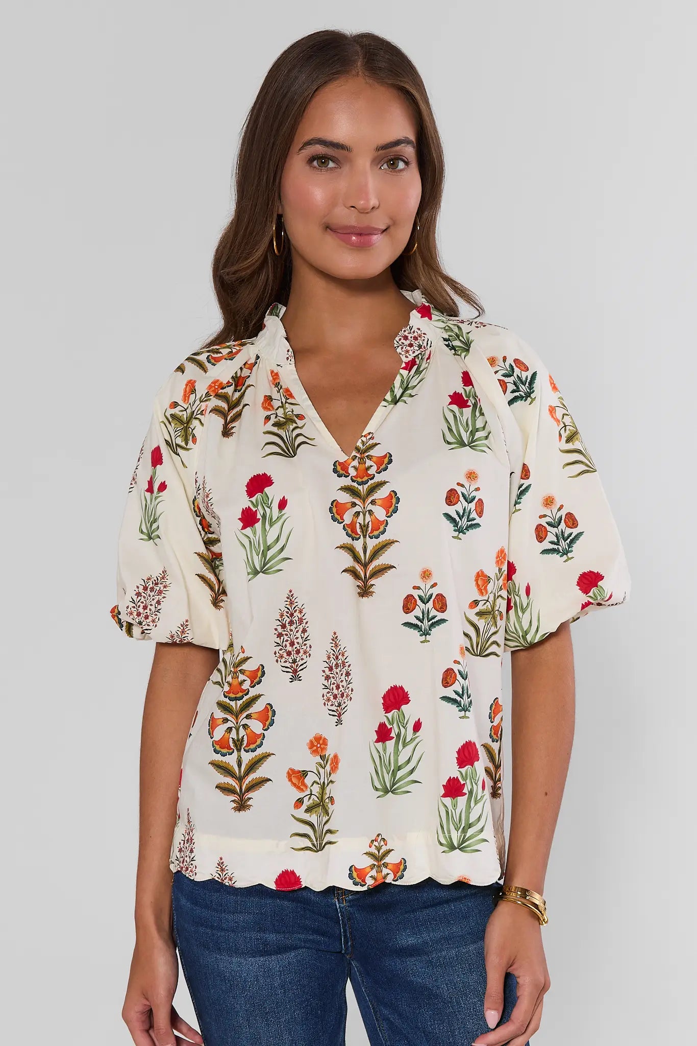 Ivory Floral Print Scalloped Hem Top