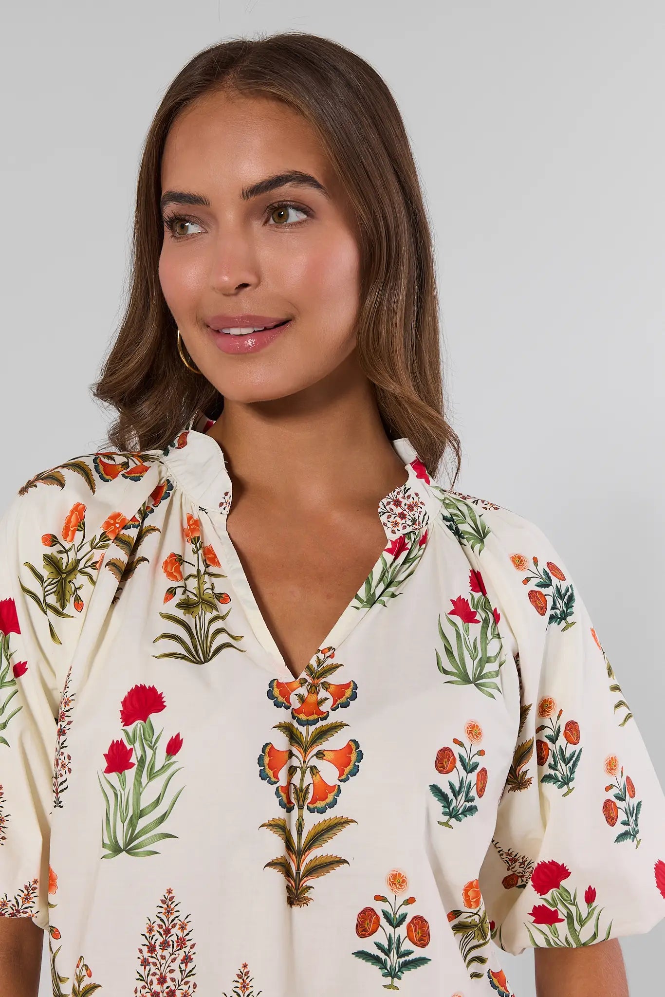 Ivory Floral Print Scalloped Hem Top