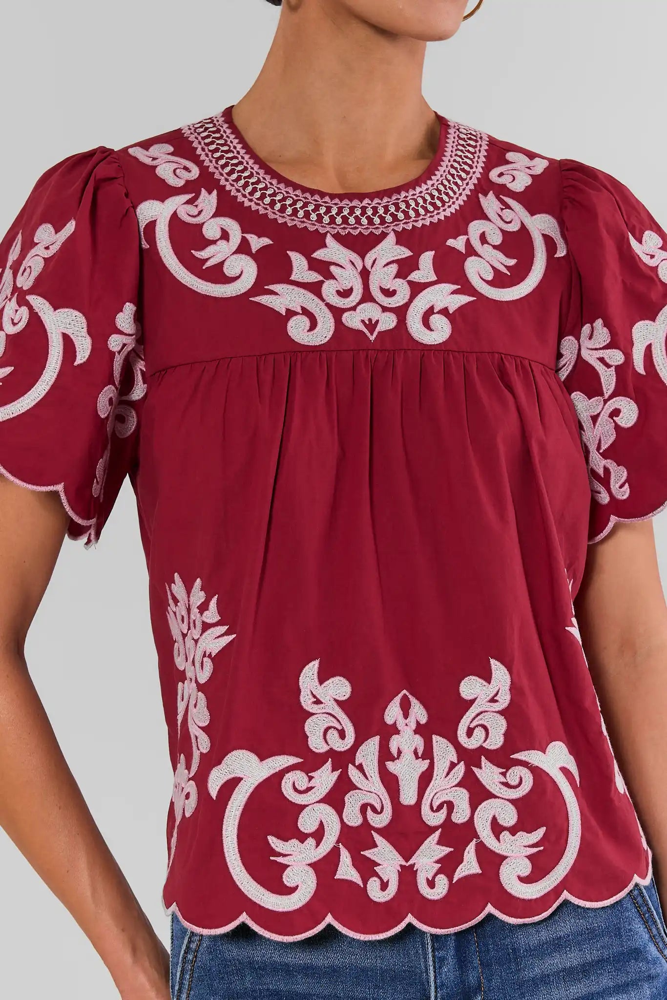 Erin Burgundy Embroidered Top by THML