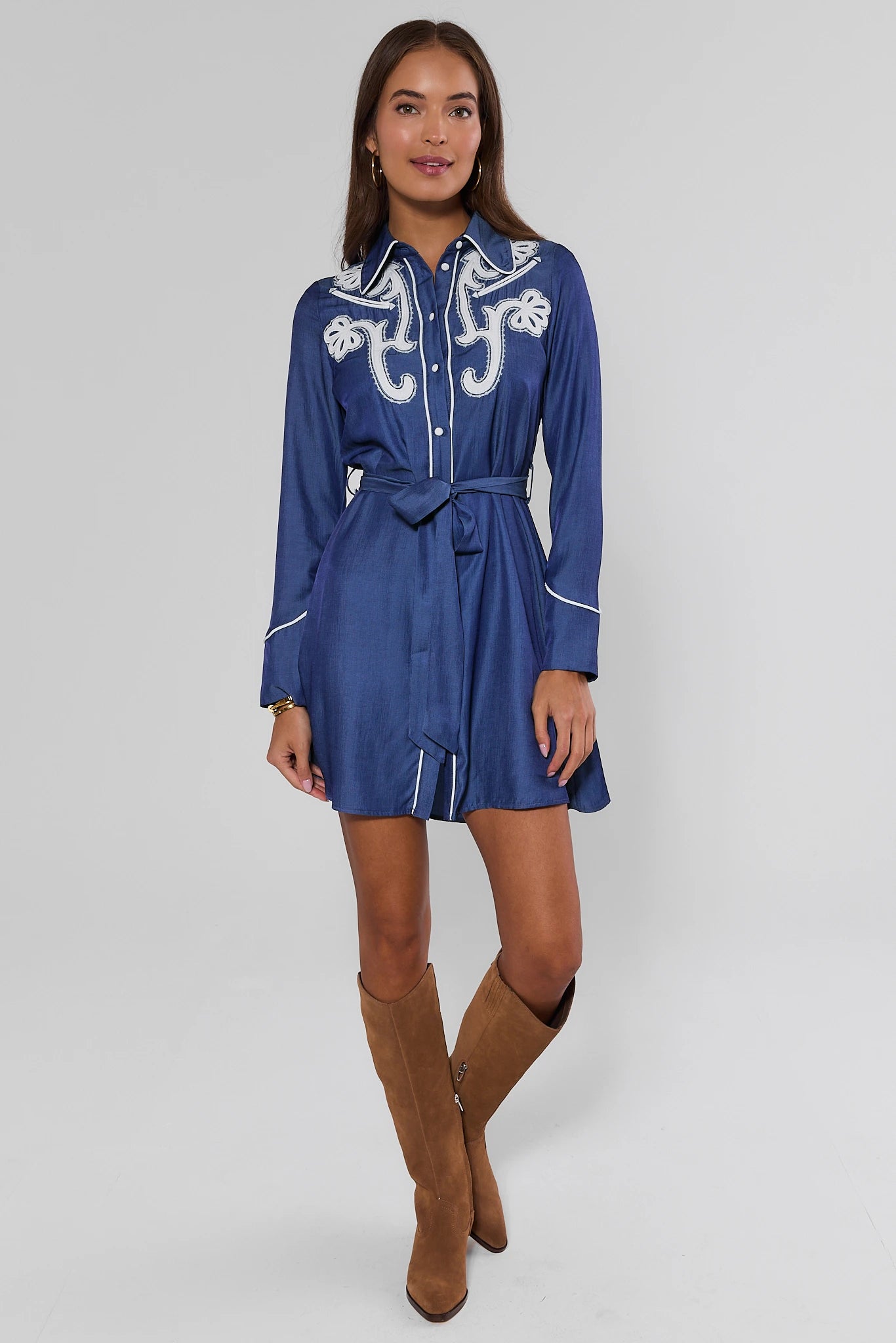 Chambray Embroidered Short Dress