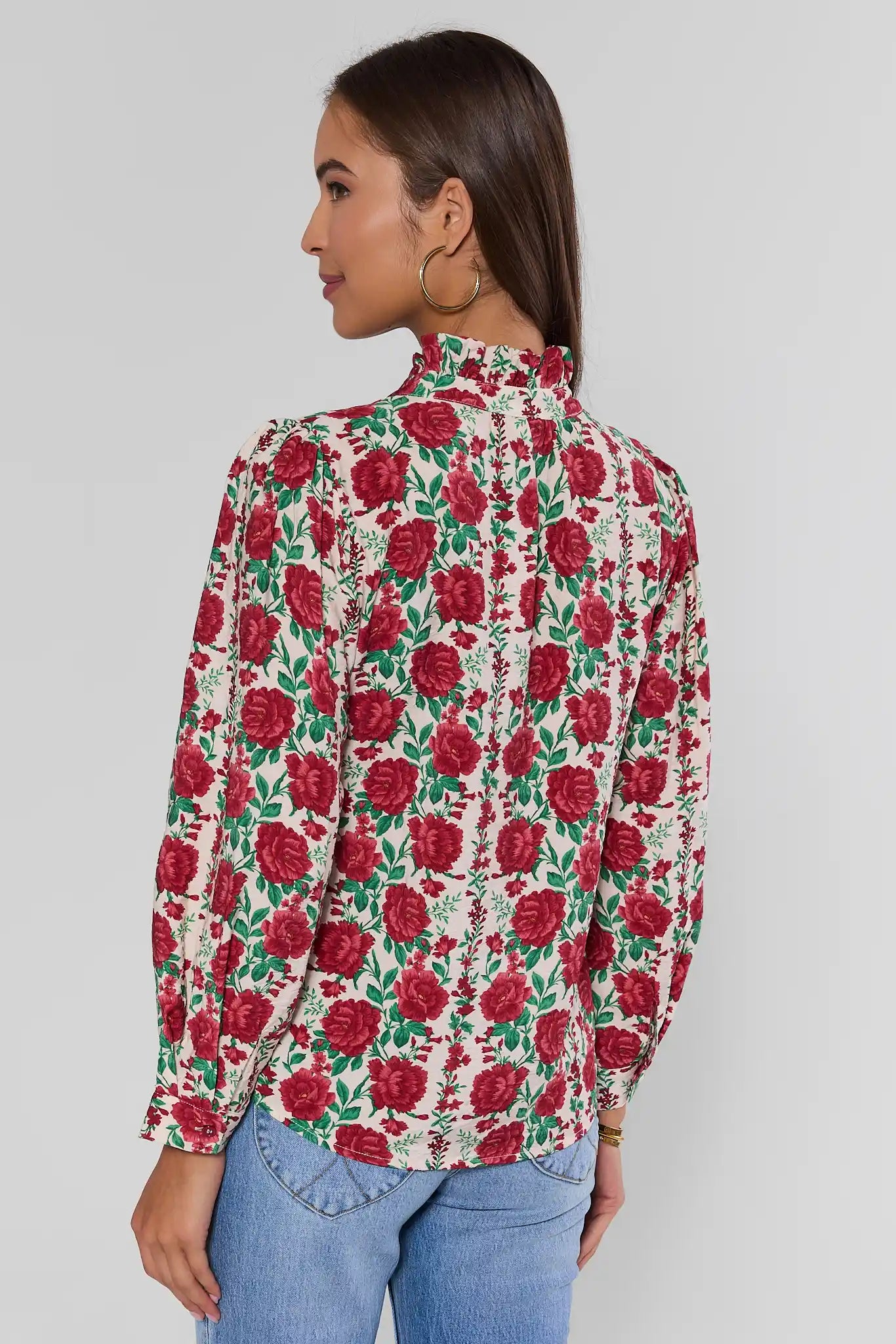 White Rose Print Button Up Top