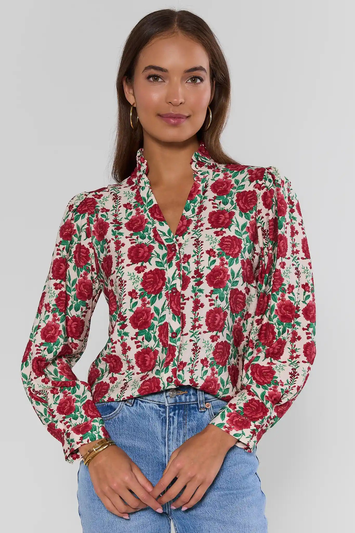 White Rose Print Button Up Top