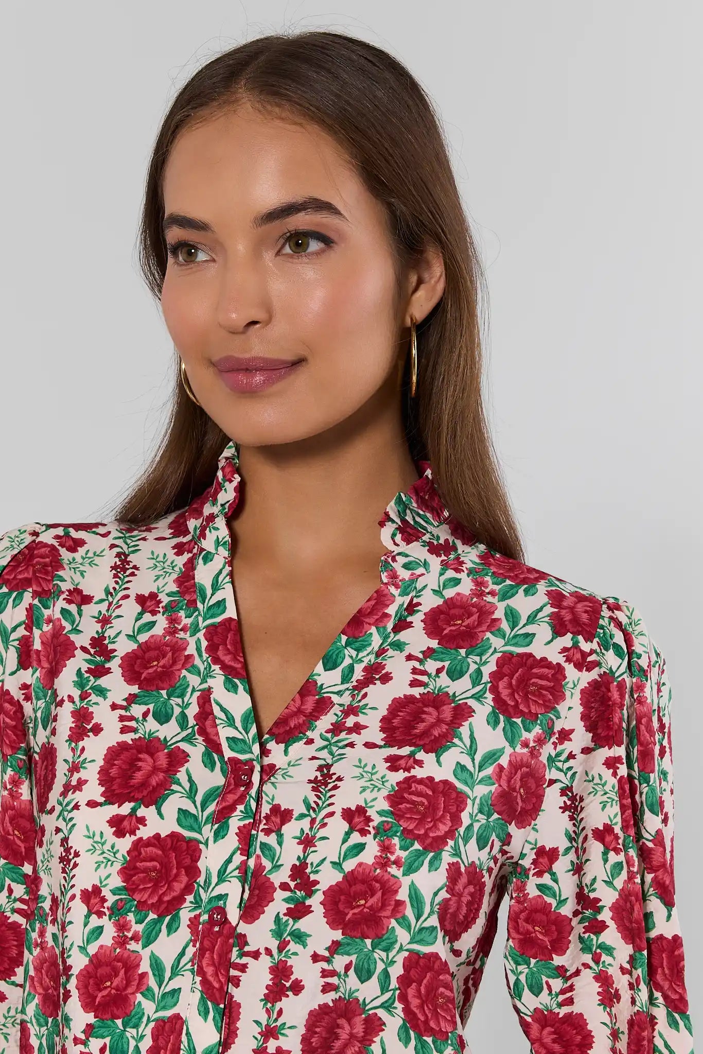 White Rose Print Button Up Top