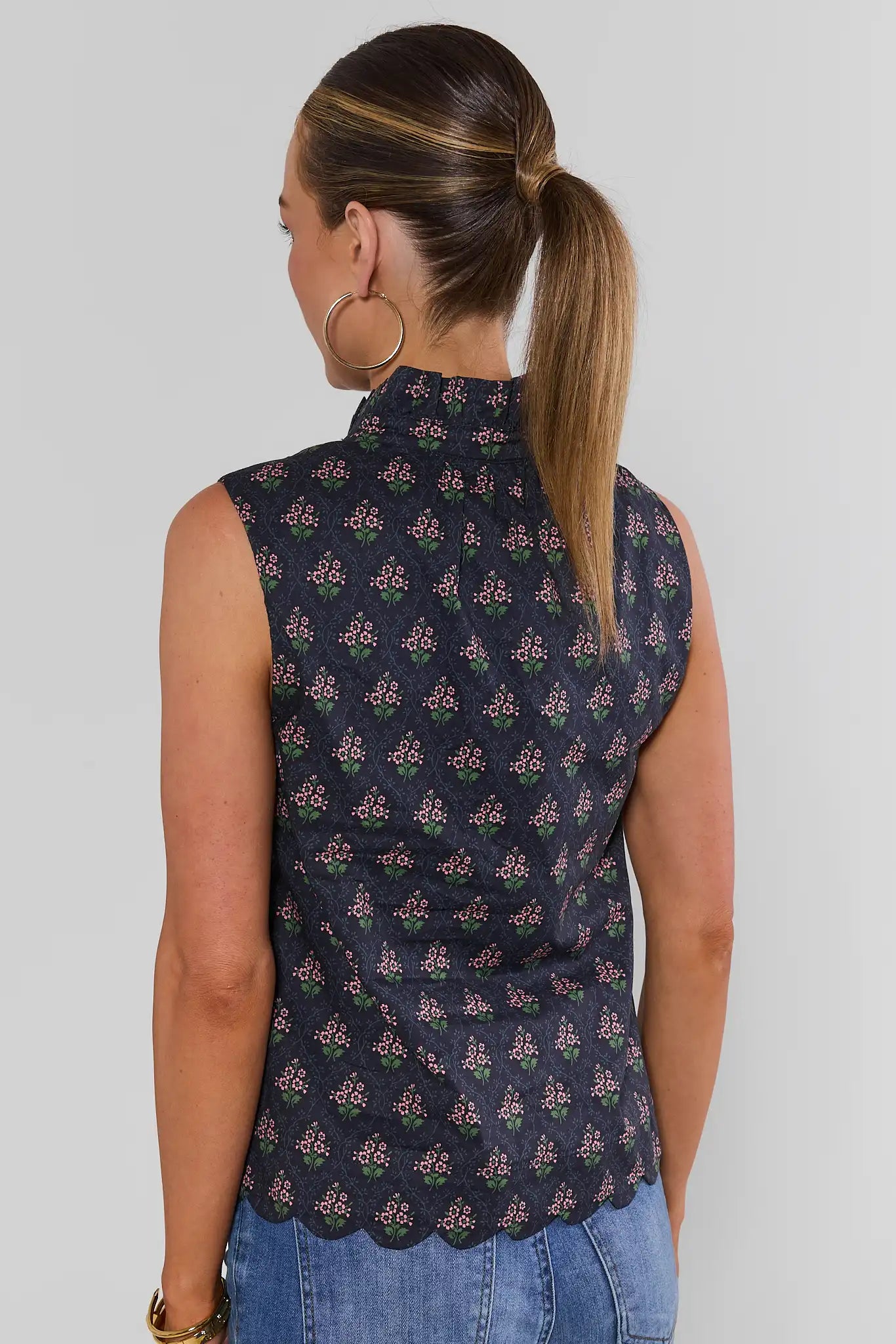 Navy Floral Printed Stand Collar Tank Top