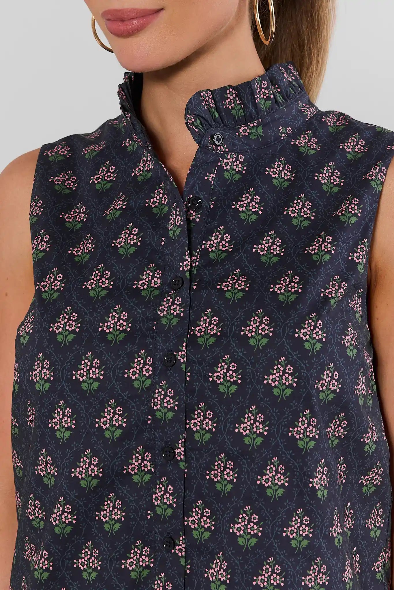 Navy Floral Printed Stand Collar Tank Top