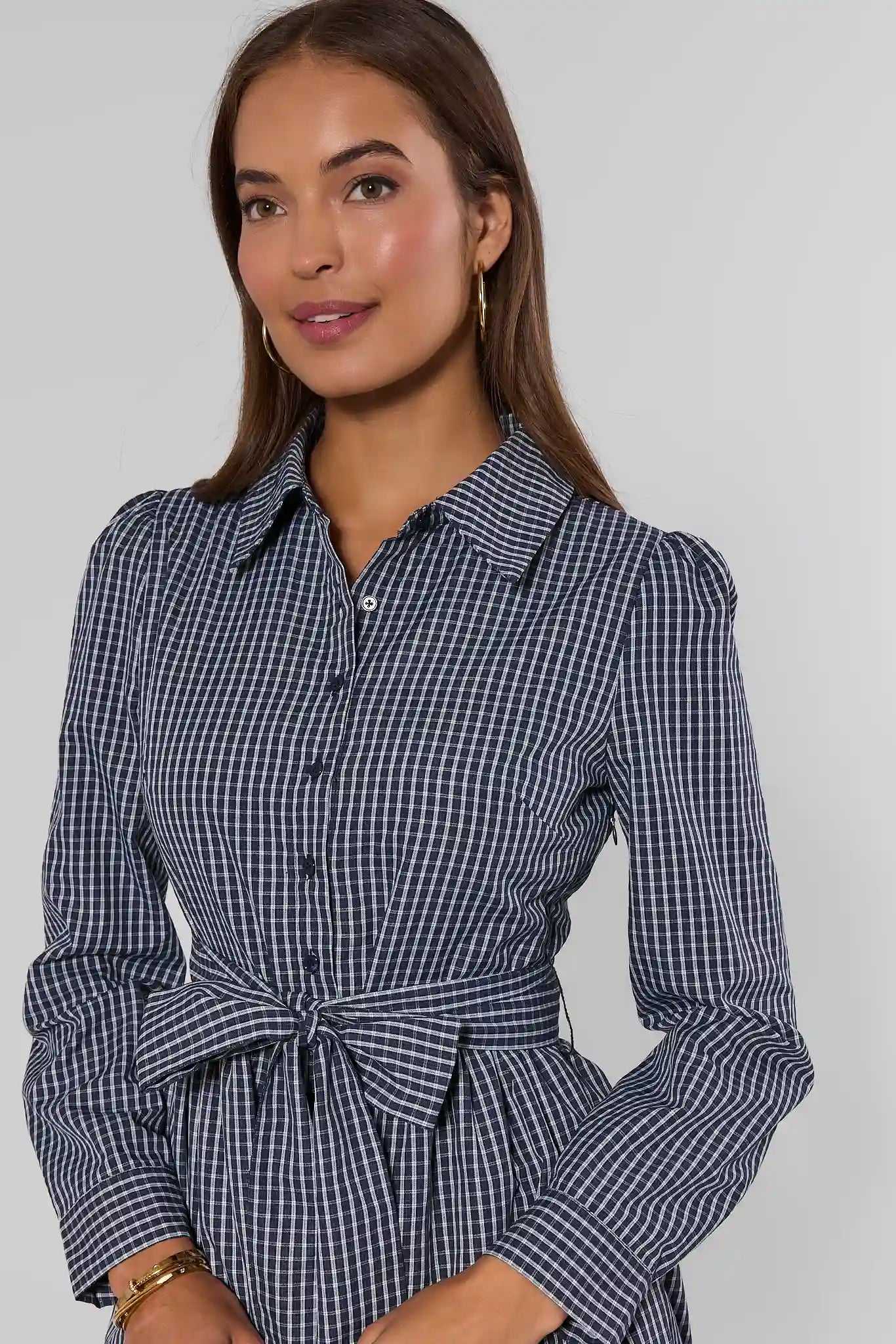 Navy Gingham Button Up Maxi Dress