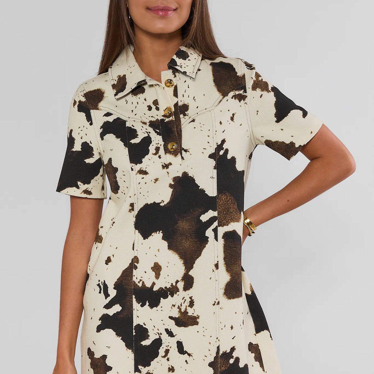 Ivory Cow Print Collared Short Dress