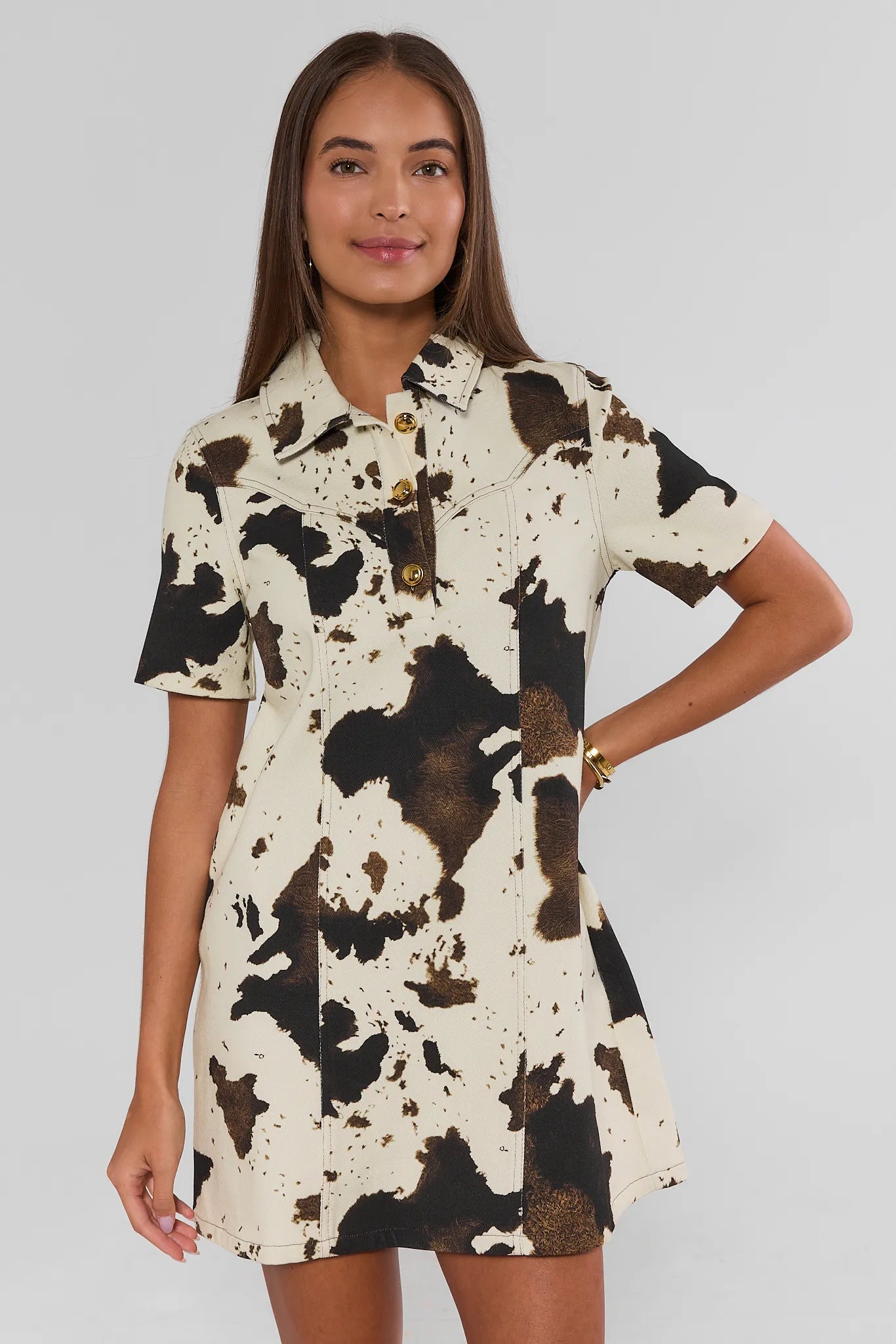 Ivory Cow Print Collared Short Dress