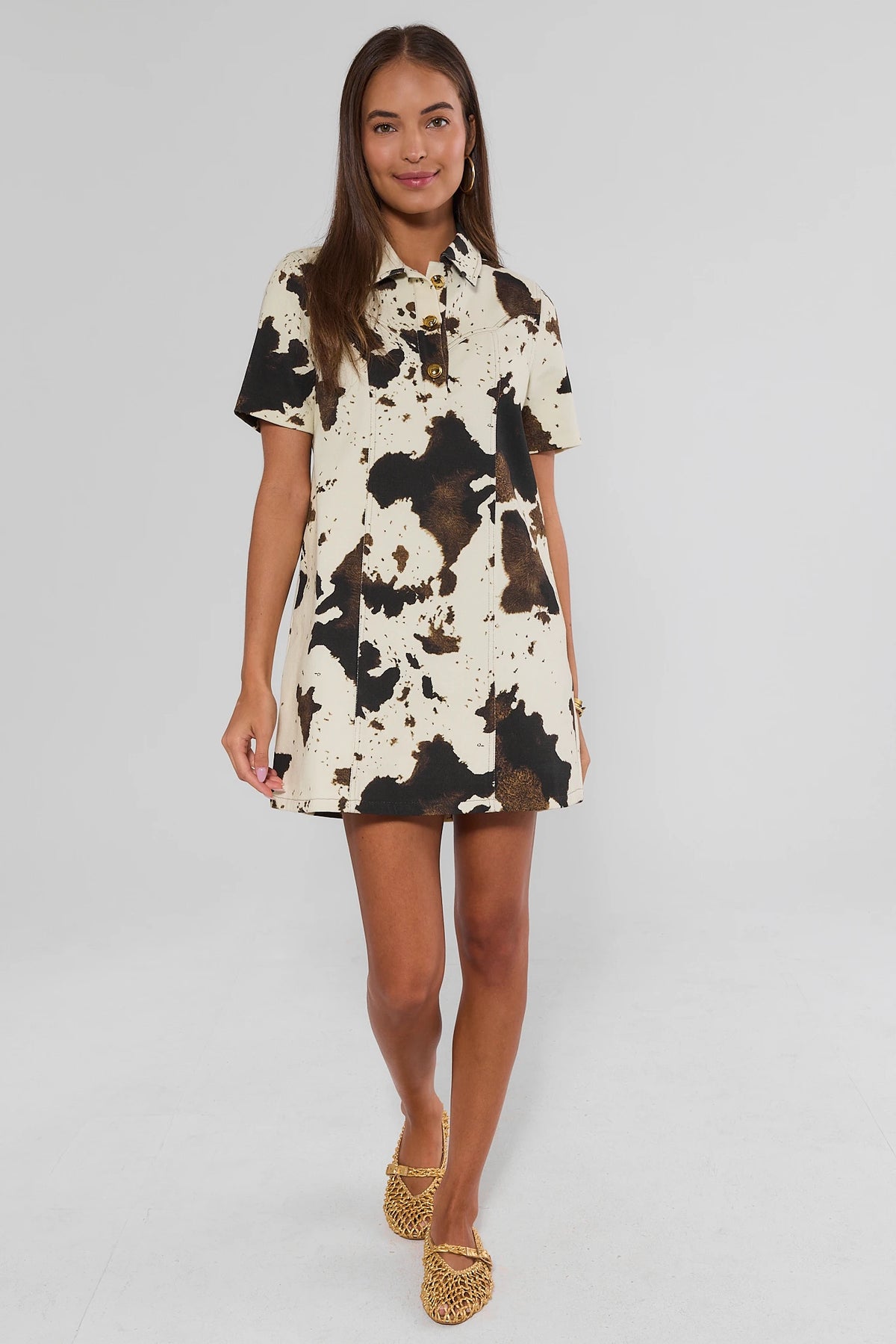 Ivory Cow Print Collared Short Dress