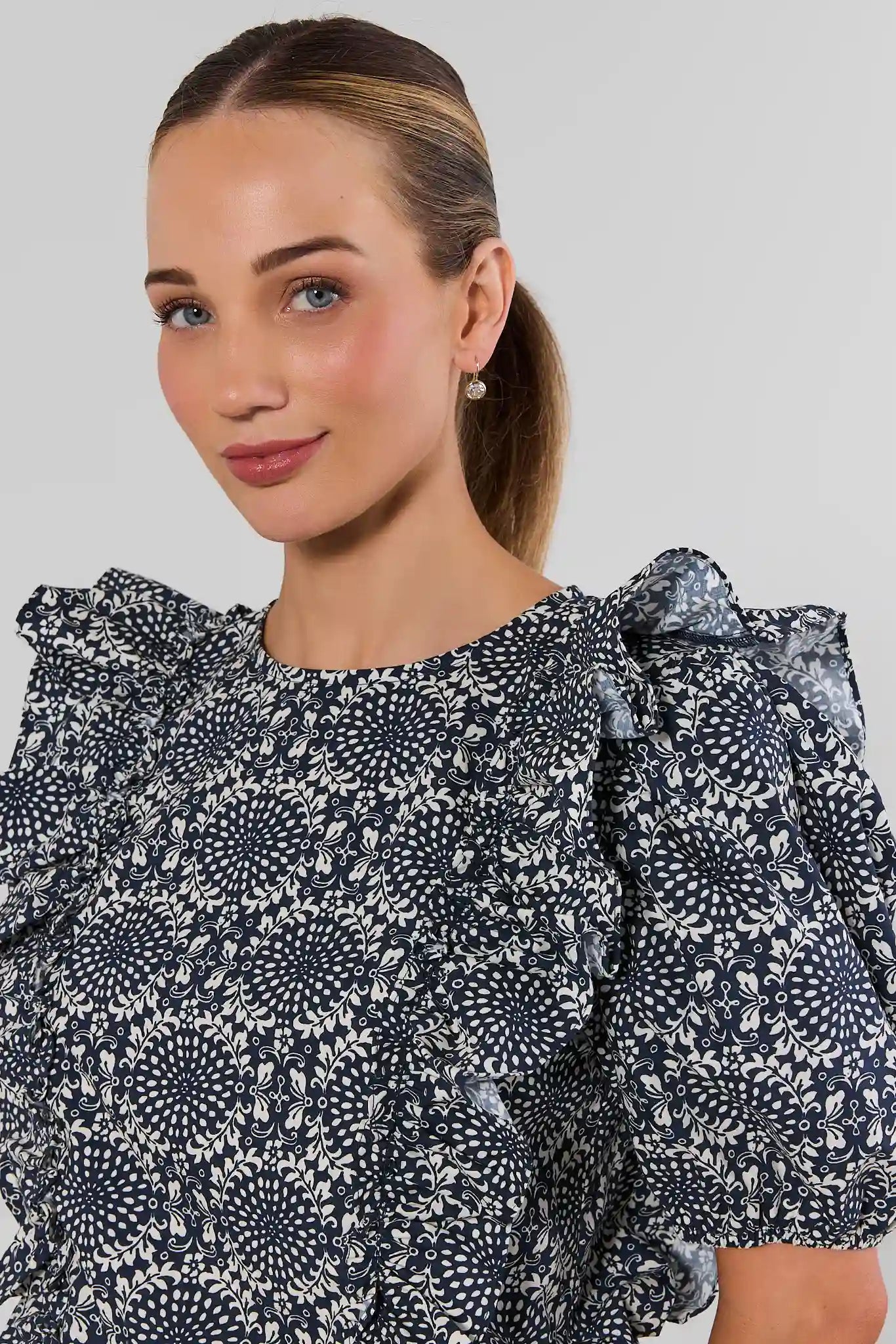 Navy Printed Ruffle Detail Top
