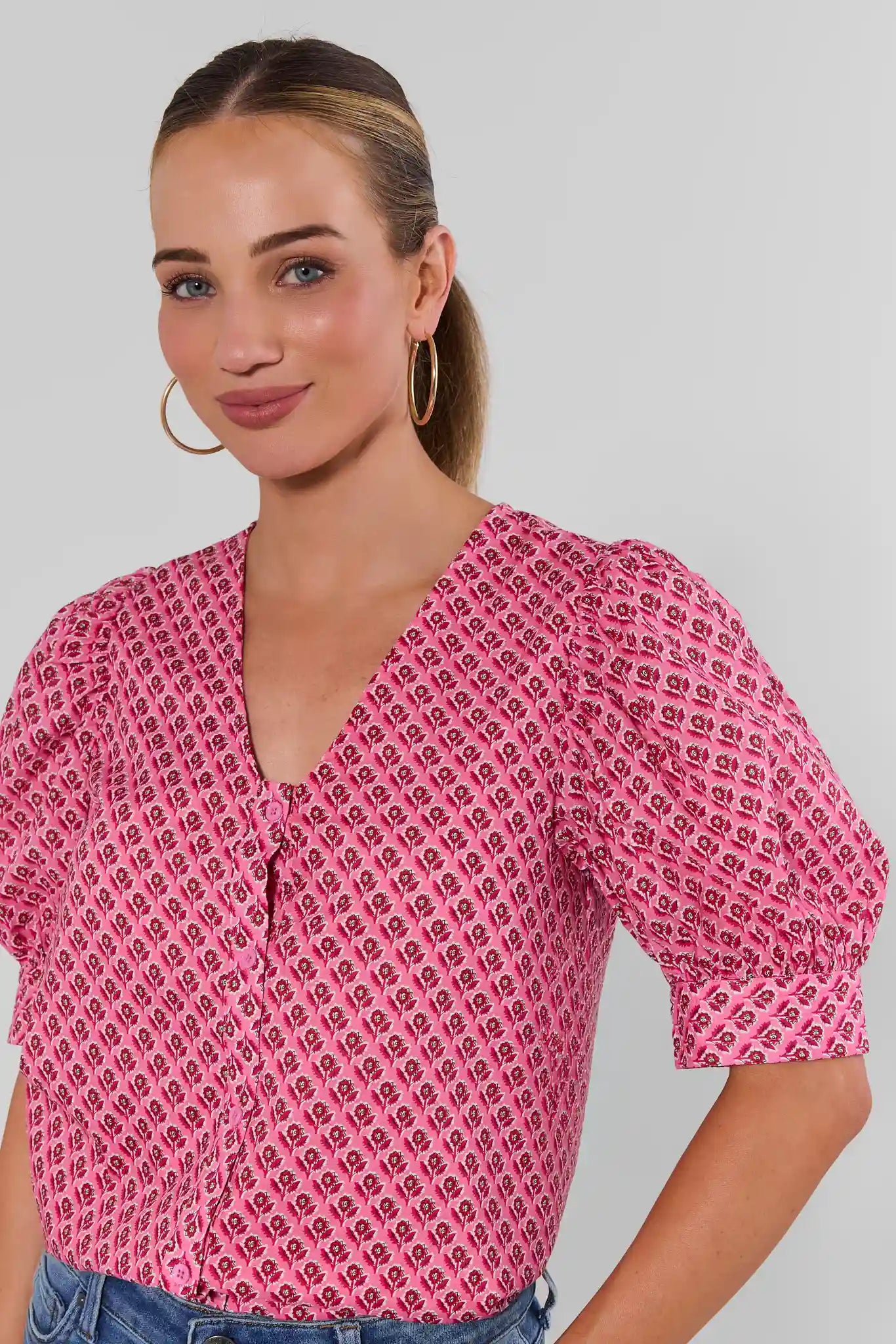 Pink Printed Button Up Top