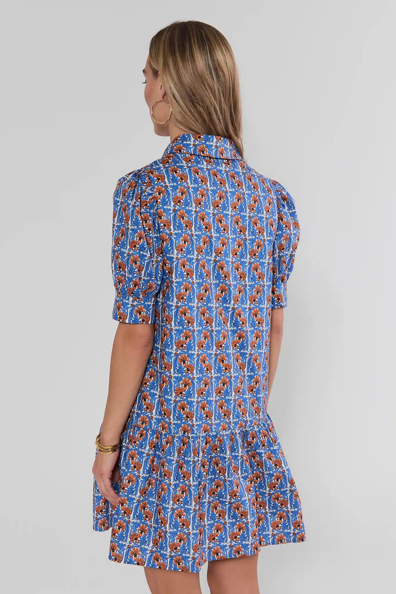 Blue Printed Drop Waist Short Dress
