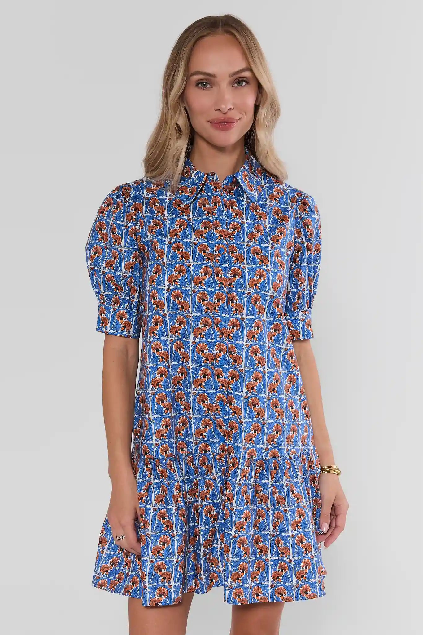 Blue Printed Drop Waist Short Dress