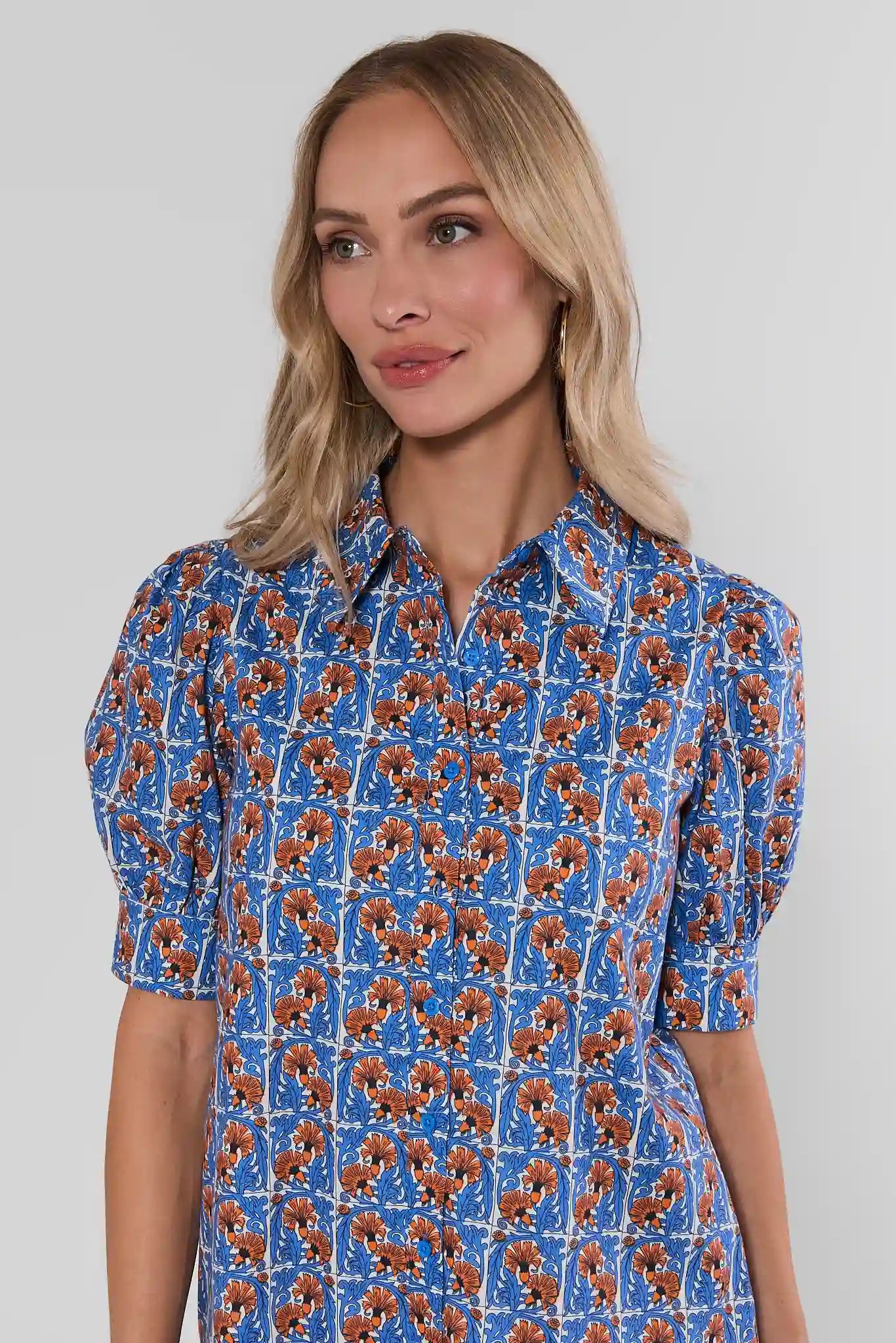 Blue Printed Drop Waist Short Dress