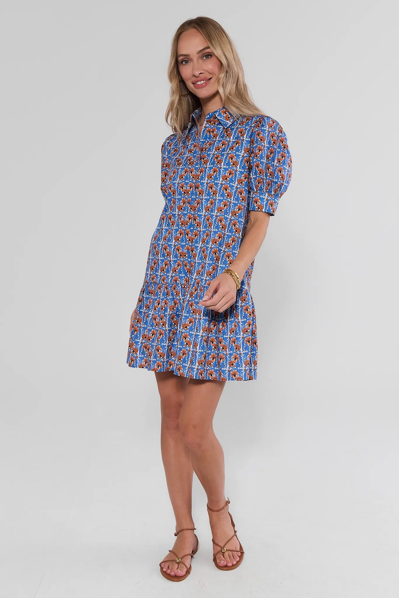 Blue Printed Drop Waist Short Dress