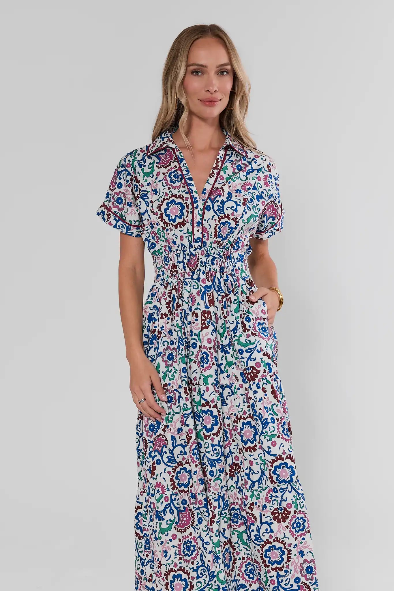 Bella White Multi Printed Midi Dress