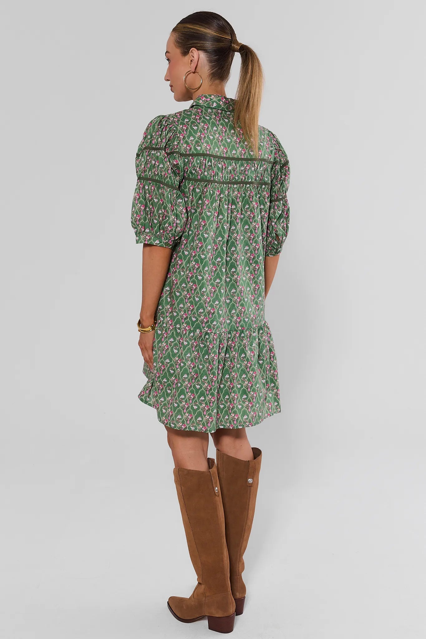 Green Floral Drop Waist Short Dress