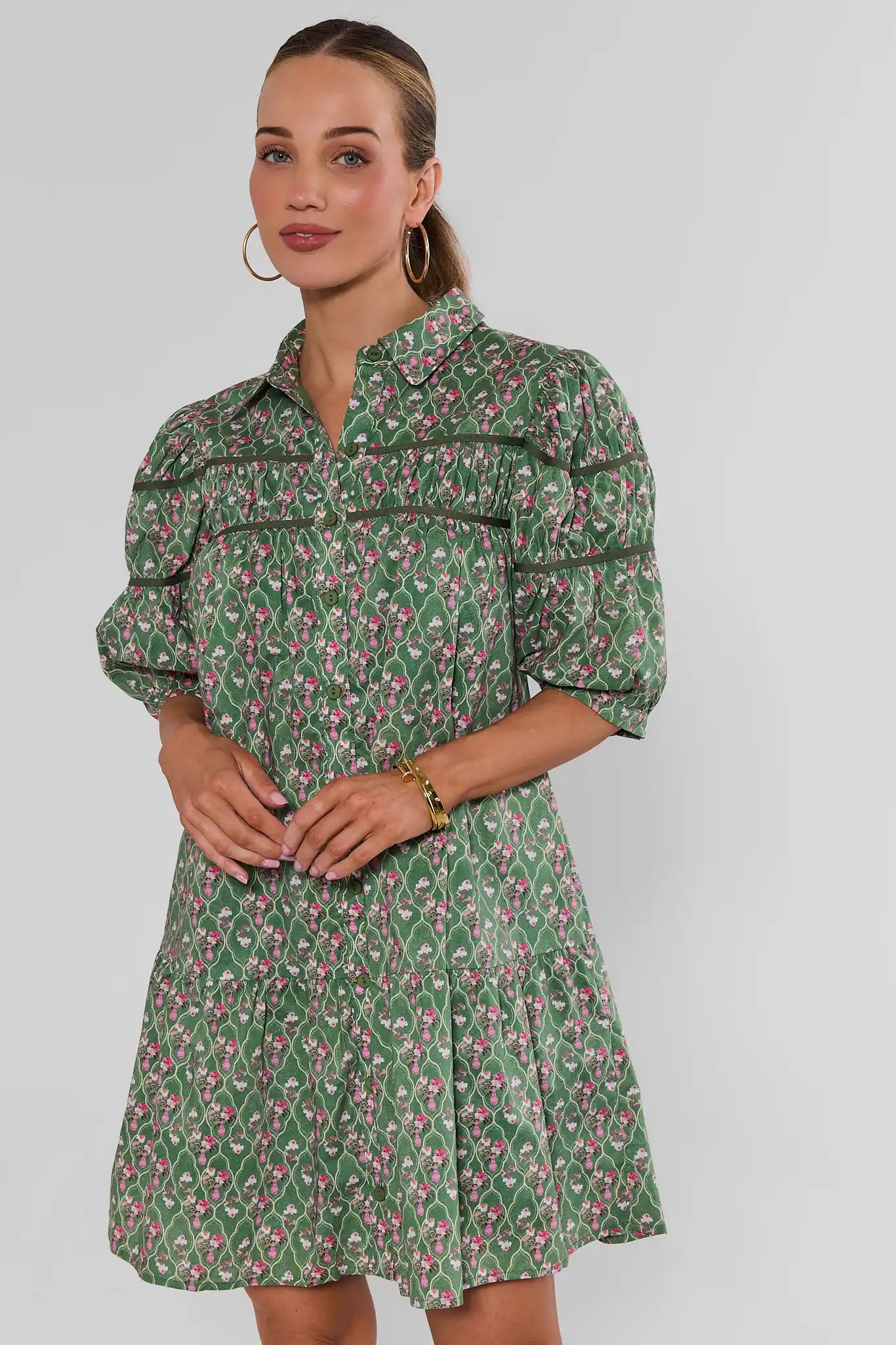 Green Floral Drop Waist Short Dress