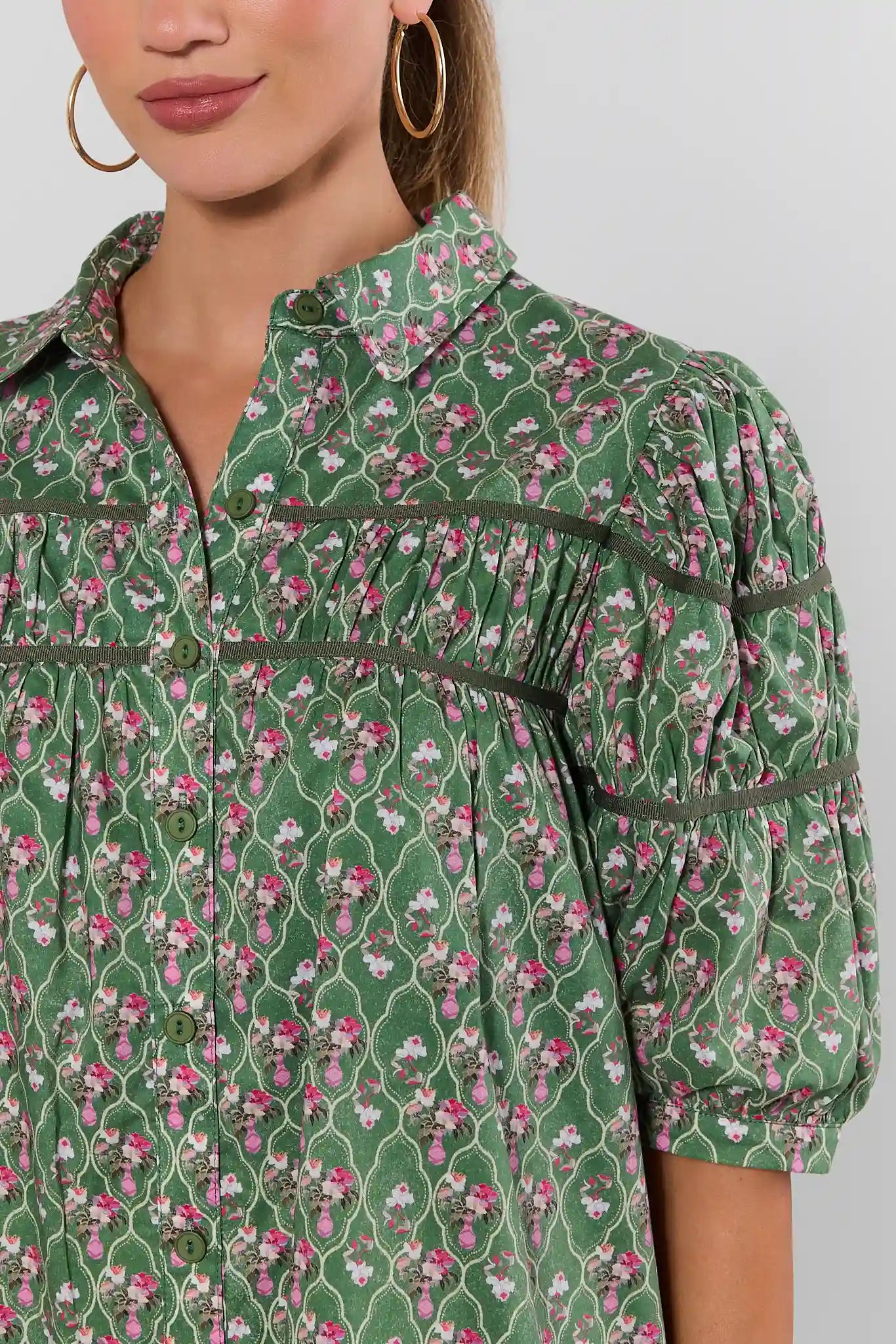 Green Floral Drop Waist Short Dress