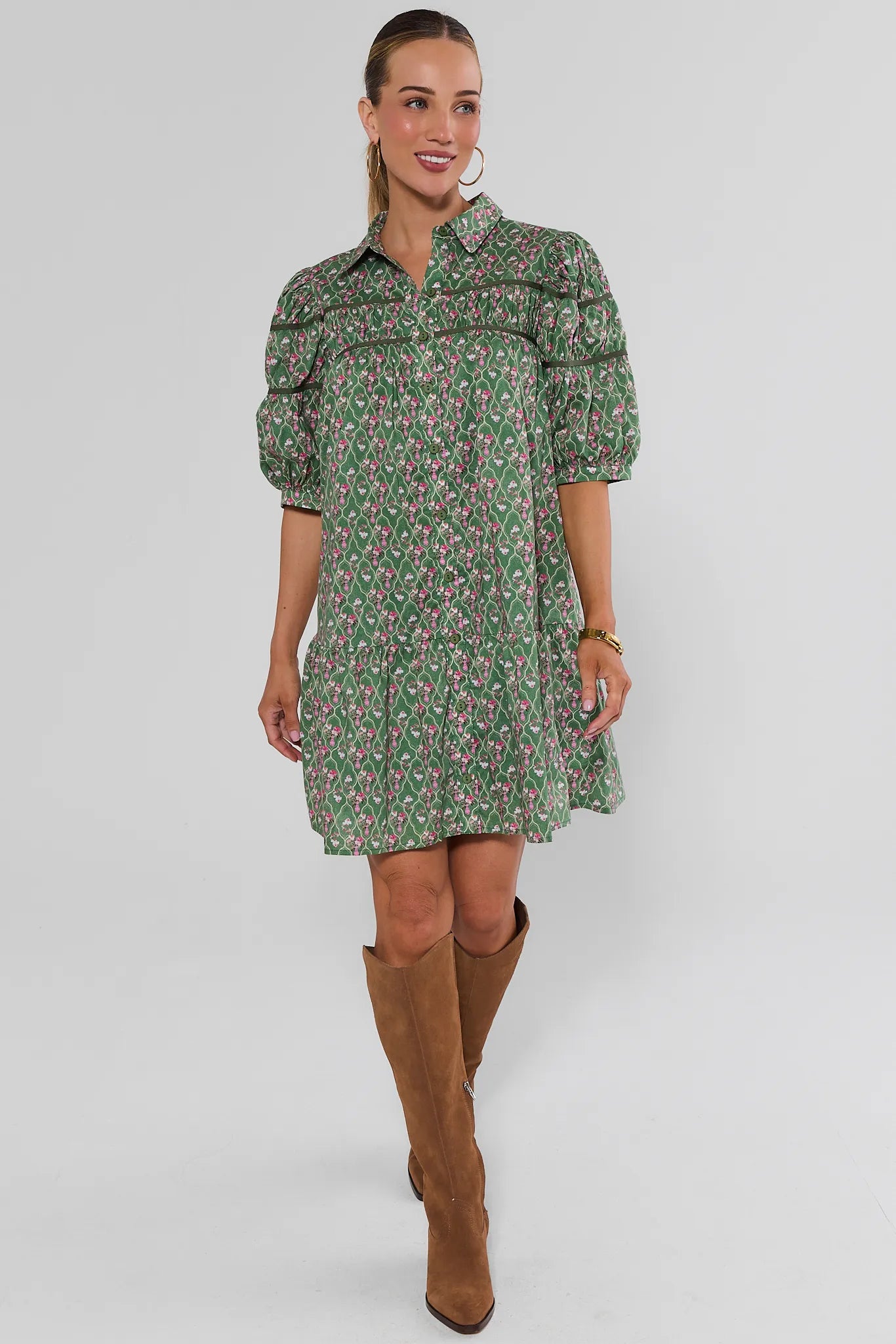 Green Floral Drop Waist Short Dress