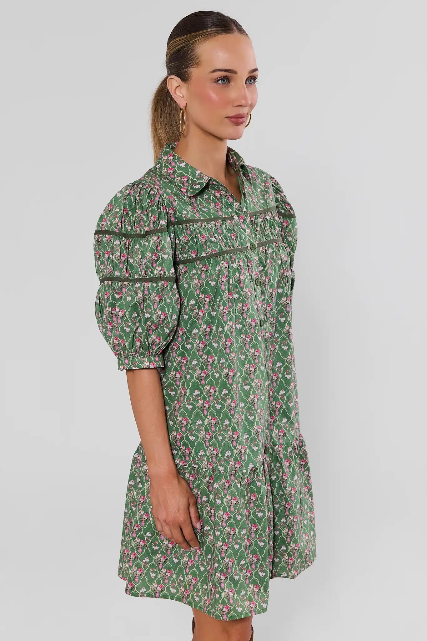 Green Floral Drop Waist Short Dress