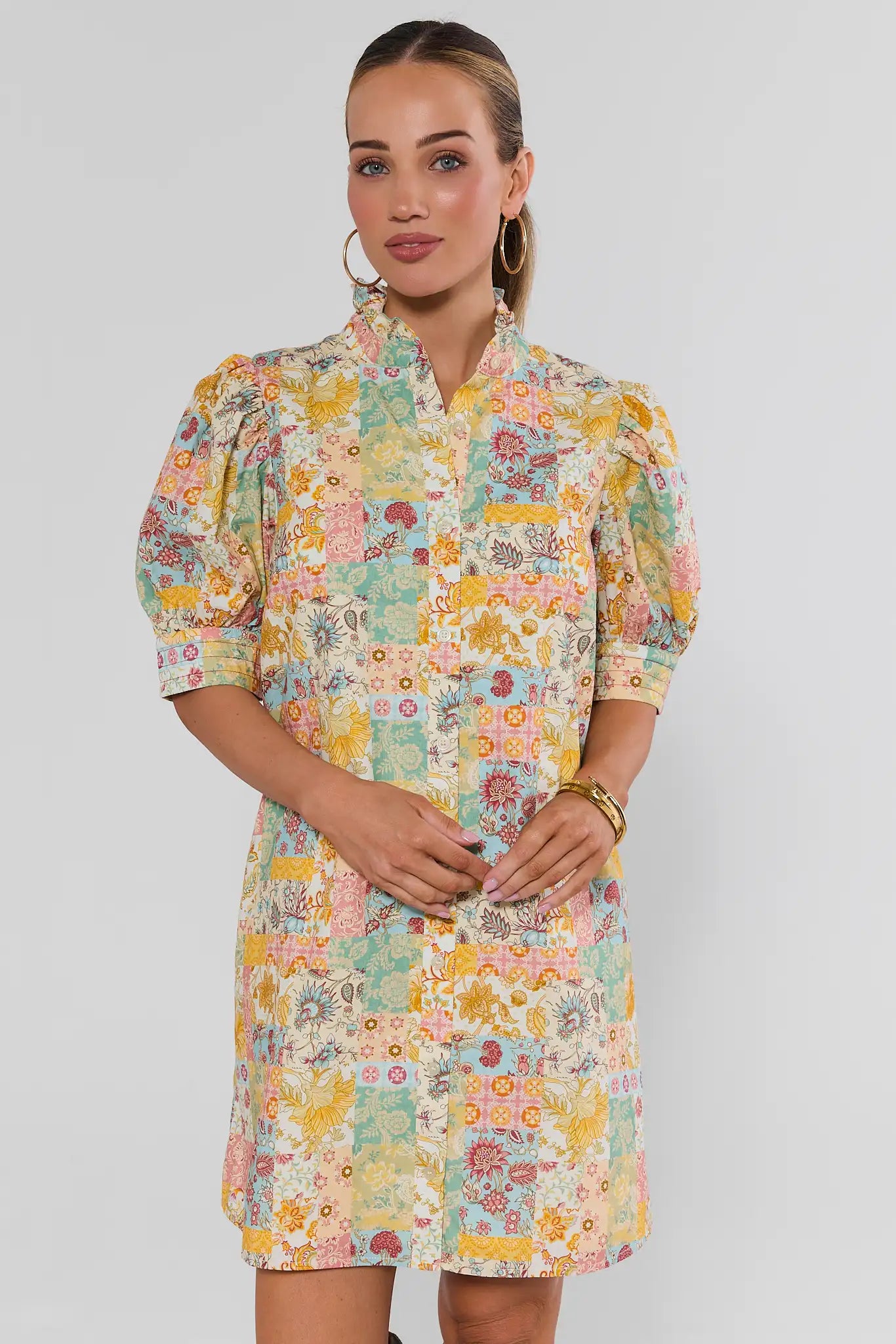 Yellow Patchwork Print Short Dress