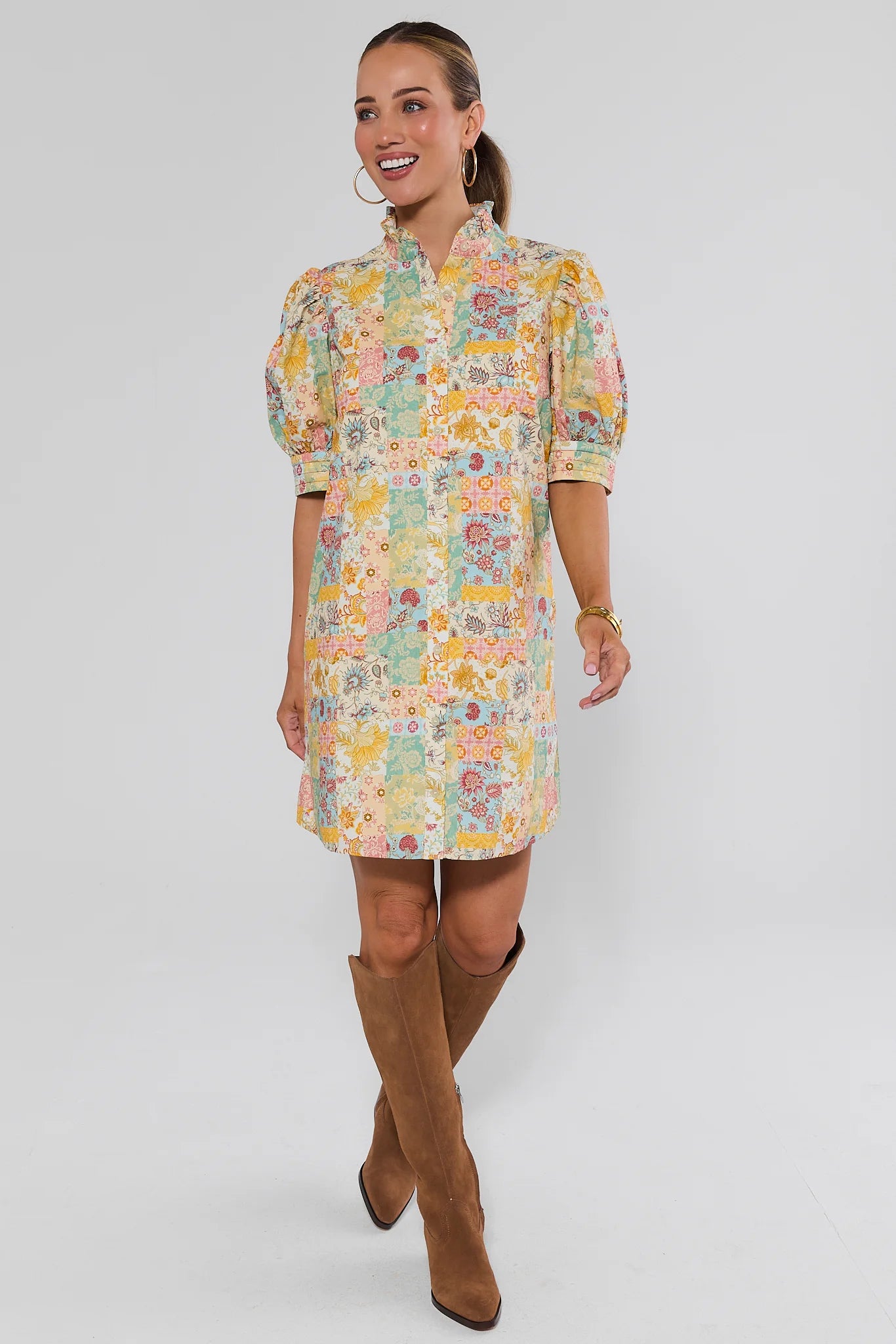 Yellow Patchwork Print Short Dress
