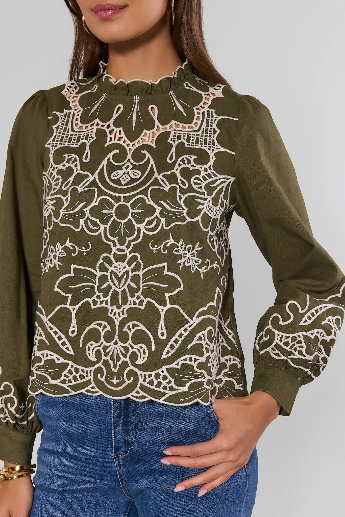 Anya Green Eyelet Long Sleeve Top