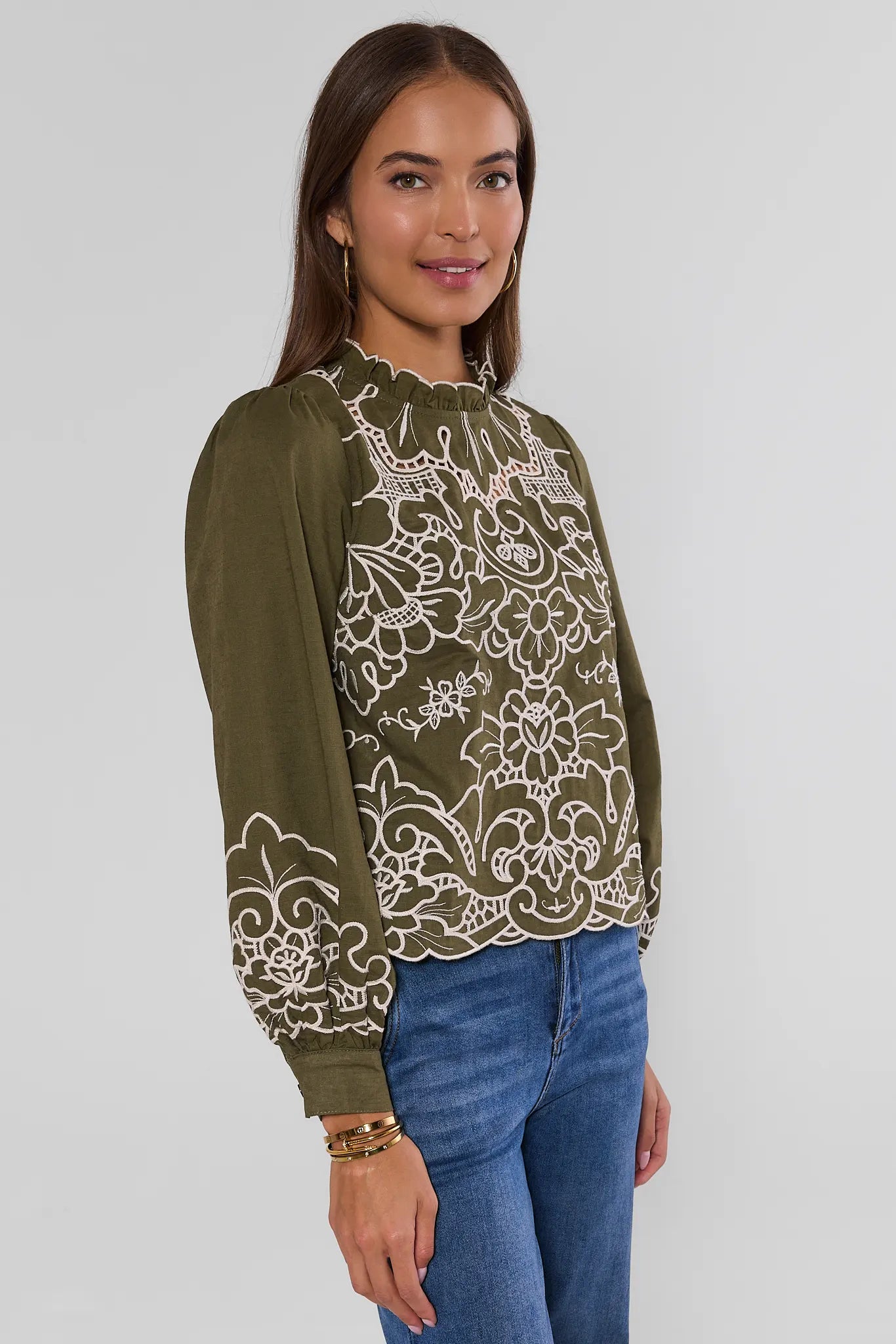 Anya Green Eyelet Long Sleeve Top