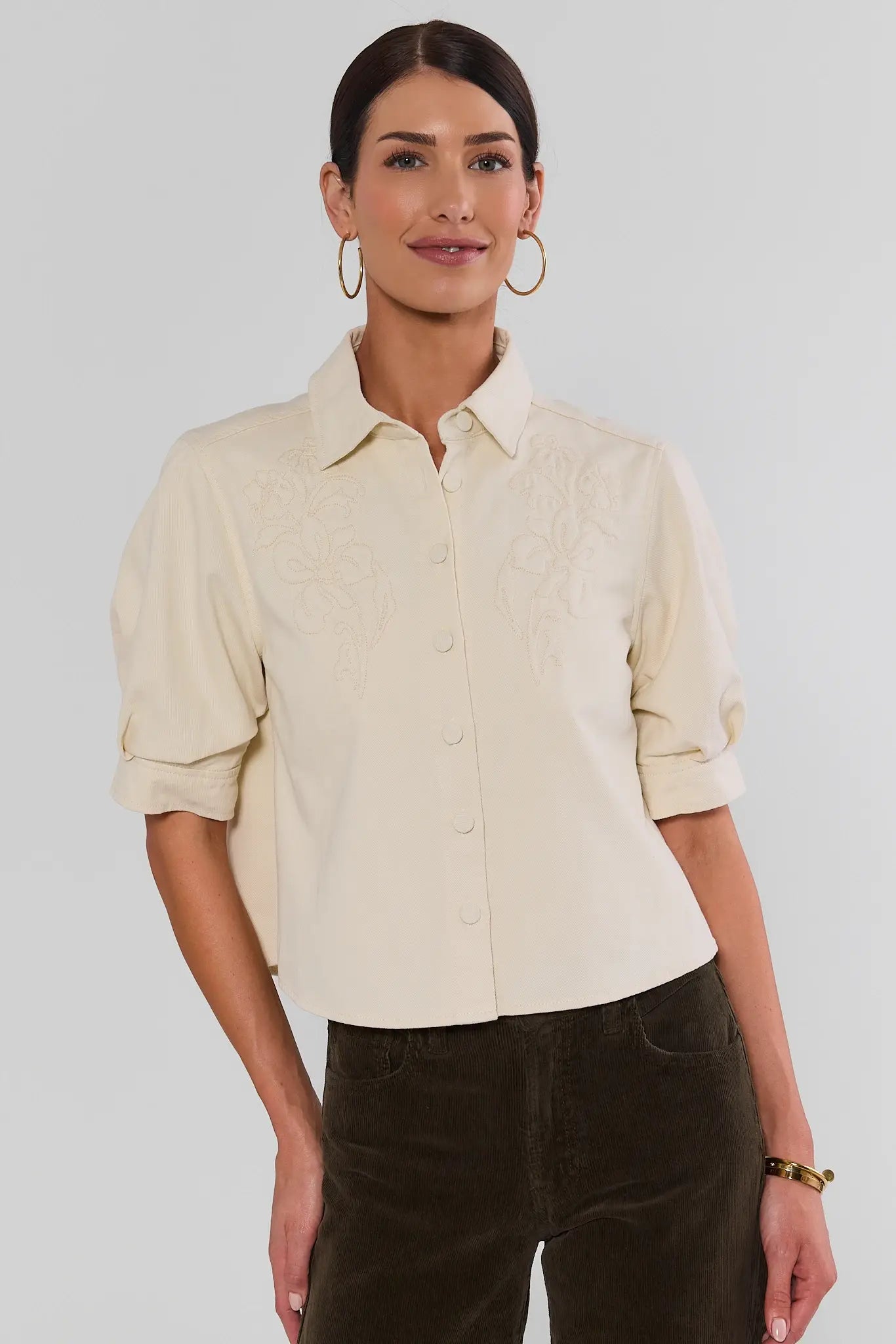 Ivory Textured Detail Button Up Top