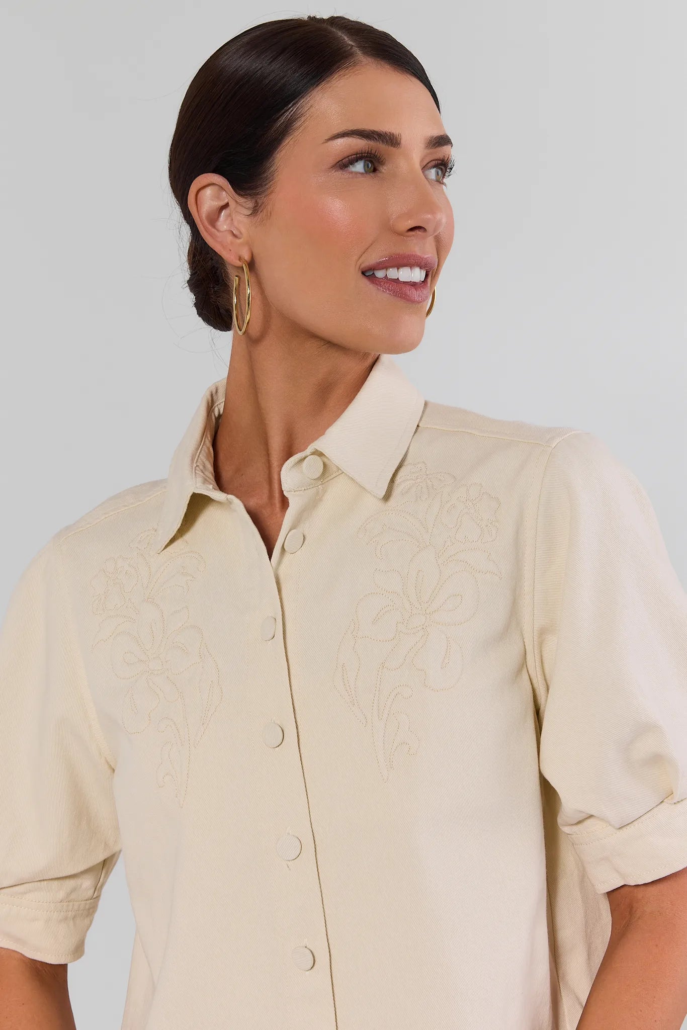 Ivory Textured Detail Button Up Top