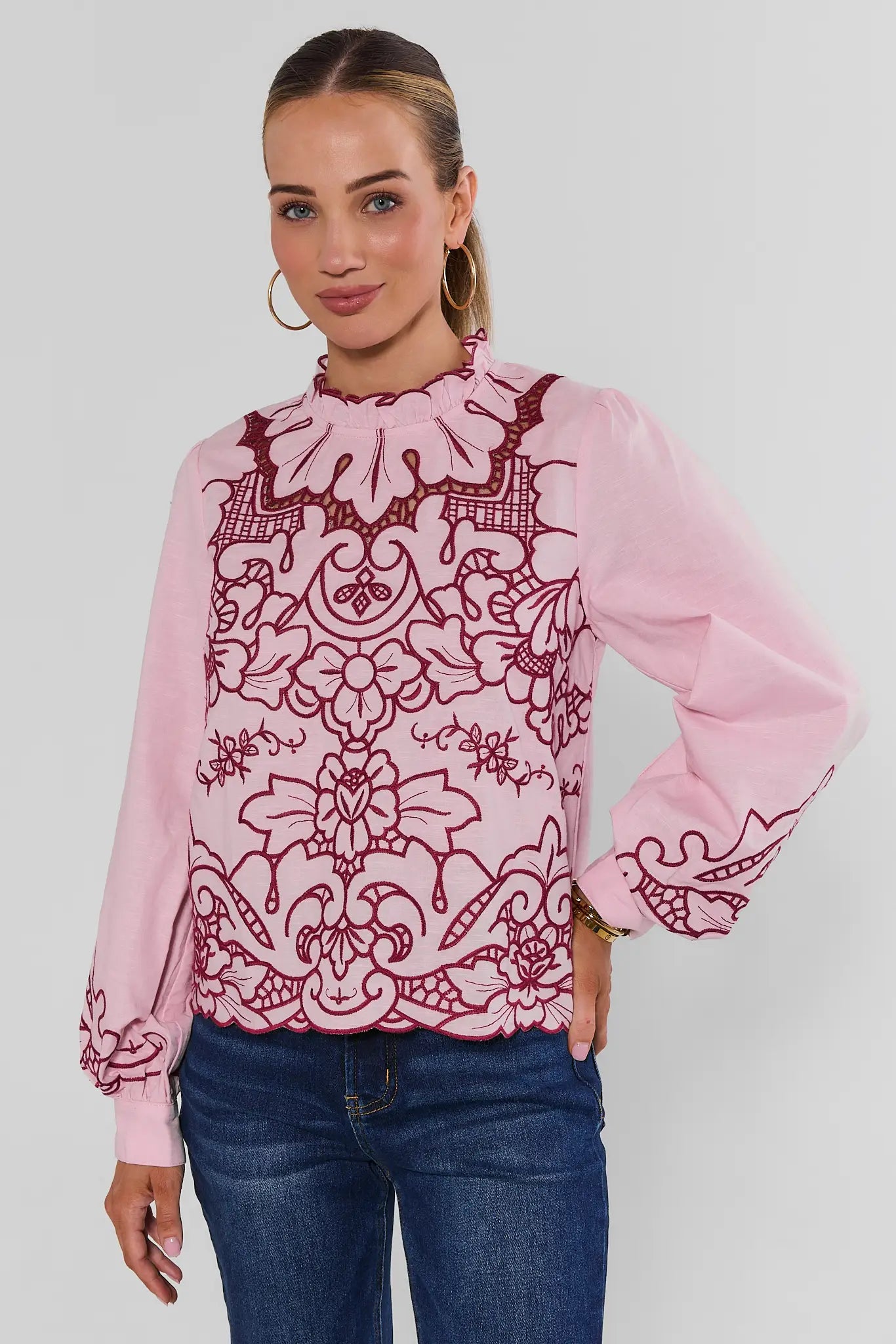 Anya Pink Eyelet Long Sleeve Top
