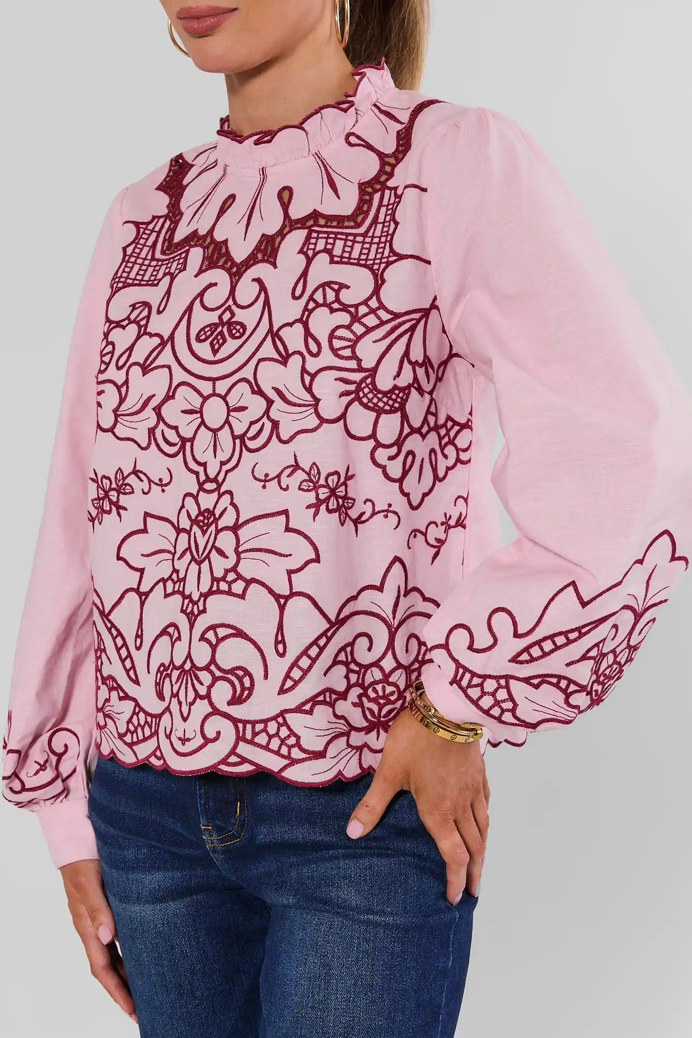 Anya Pink Eyelet Long Sleeve Top