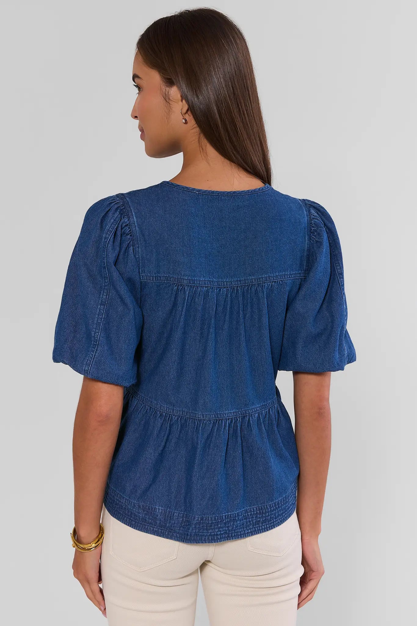 Denim Split Neck Peplum Top
