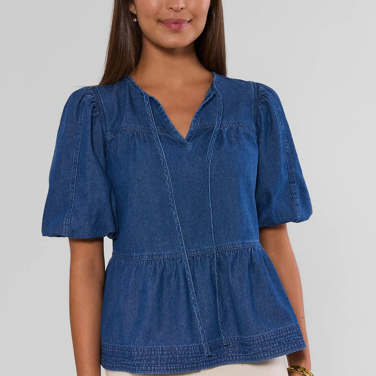 Denim Split Neck Peplum Top | Avara