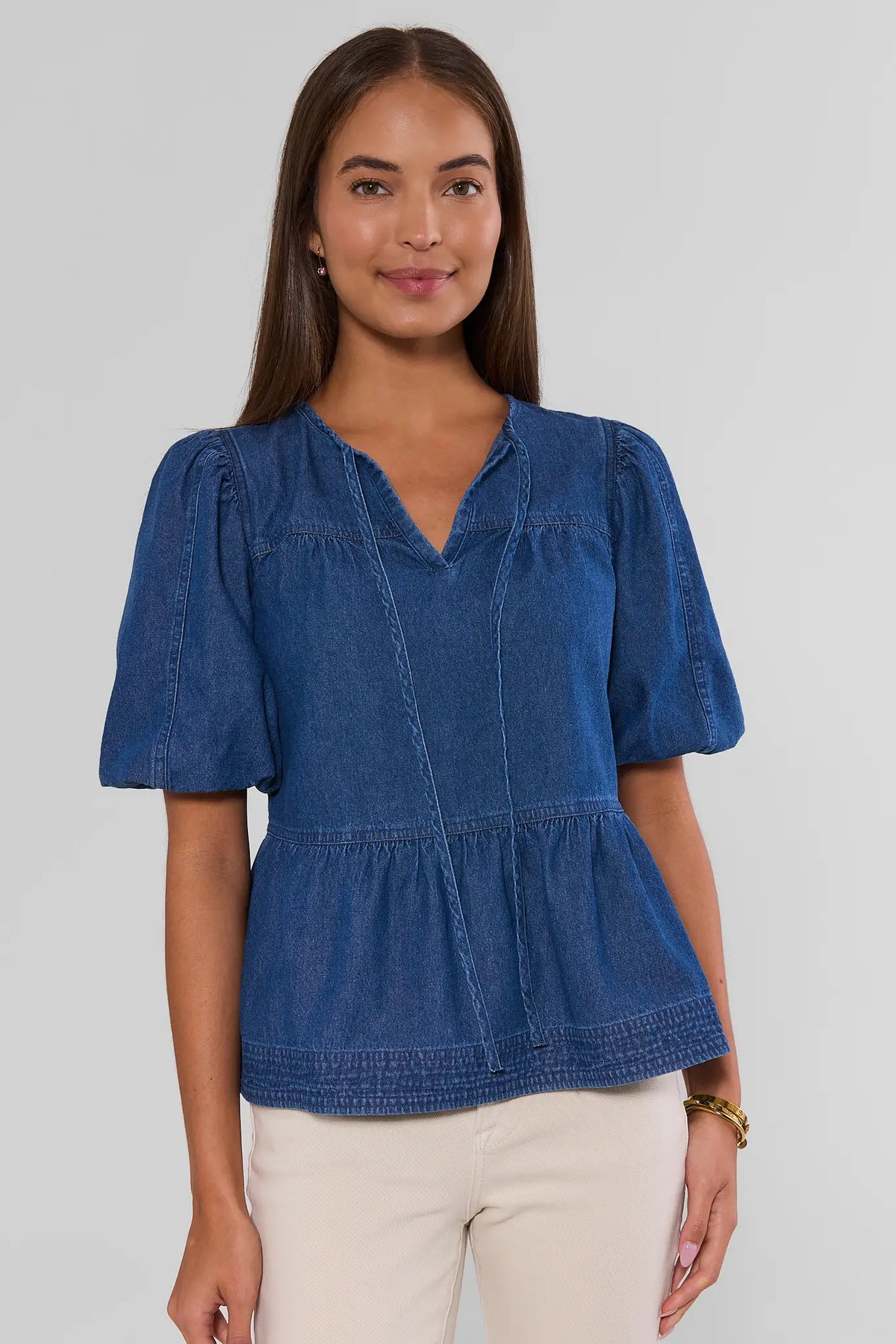Denim Split Neck Peplum Top | Avara