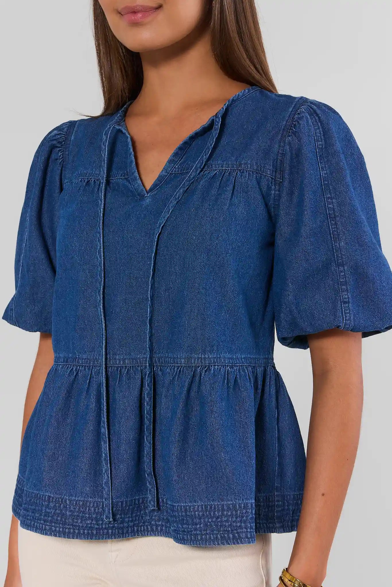 Denim Split Neck Peplum Top