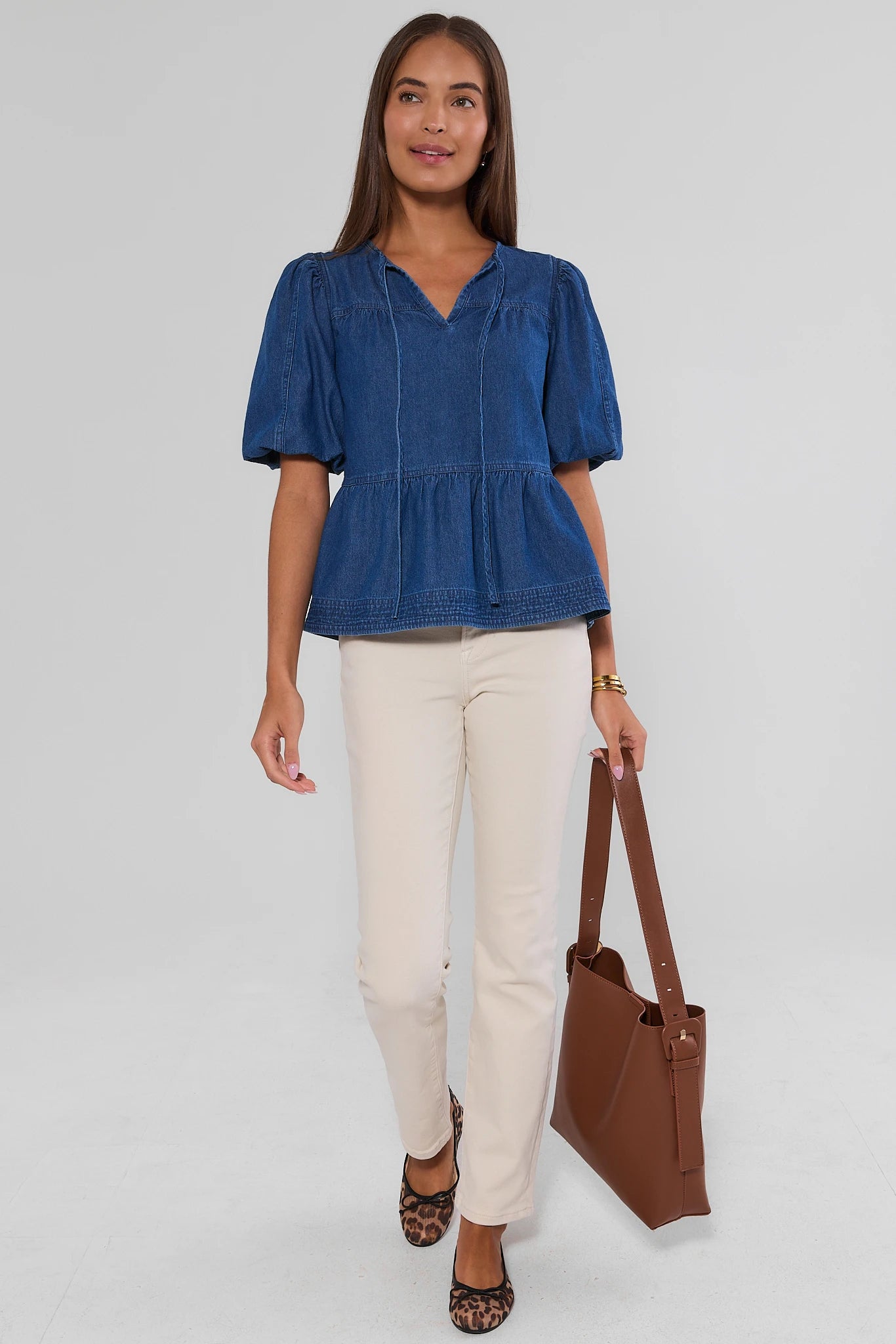 Denim Split Neck Peplum Top