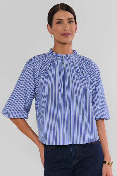 Women's Blue Striped Ruffle Top | Avara