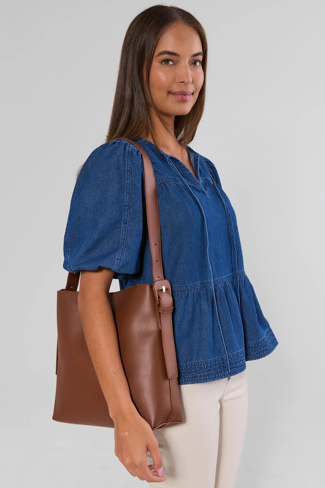 Brown Faux Leather Bucket Bag