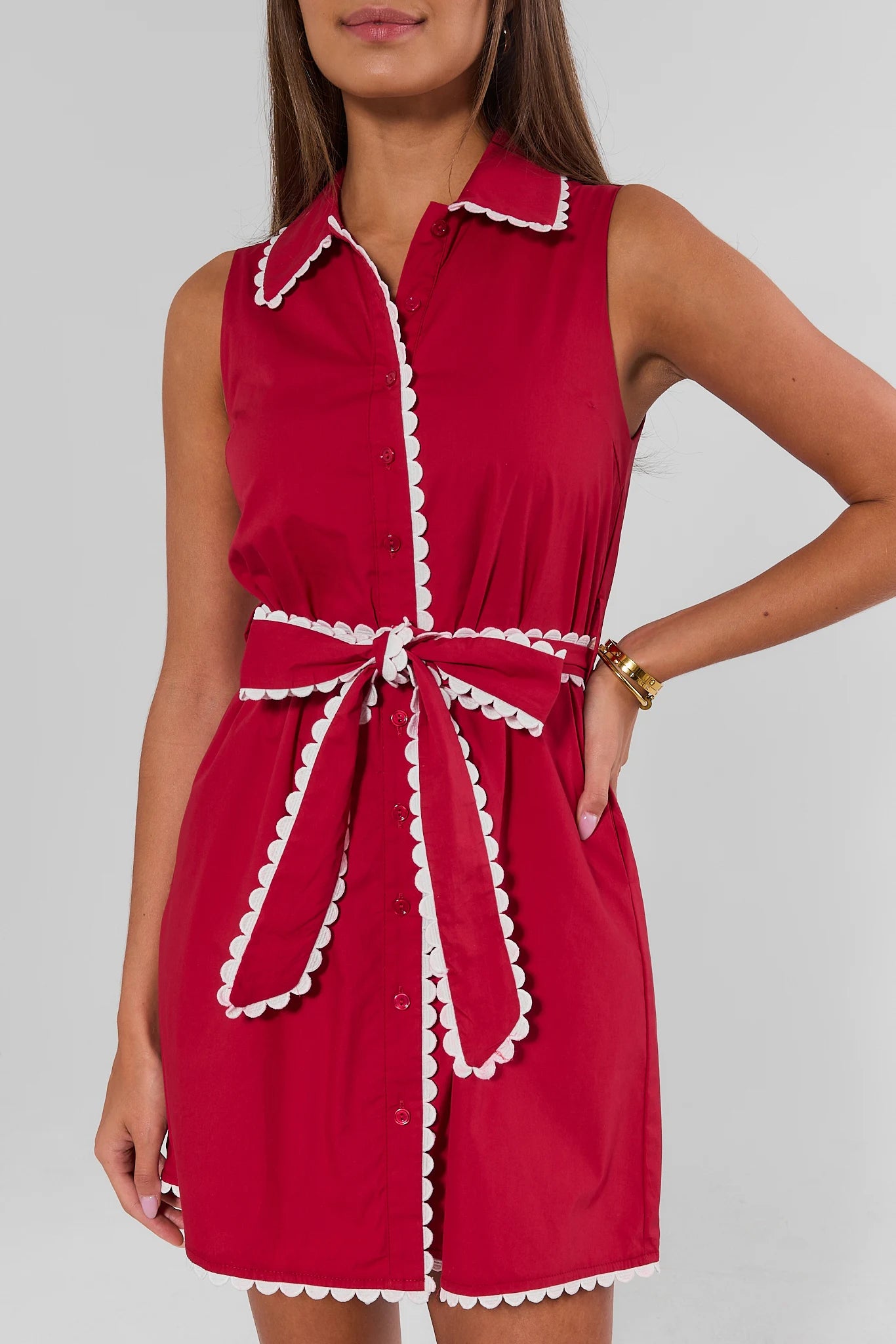 Red Scalloped Trim Short Dress
