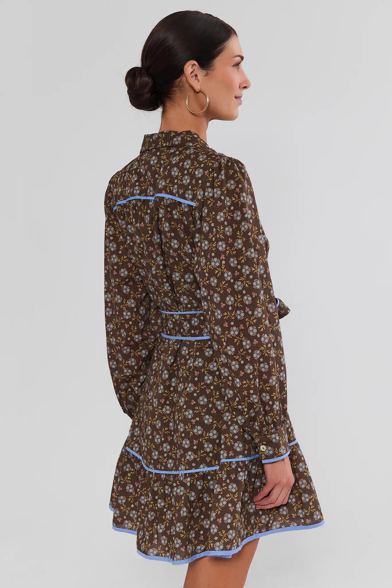 Brown Floral Printed Collared Short Dress