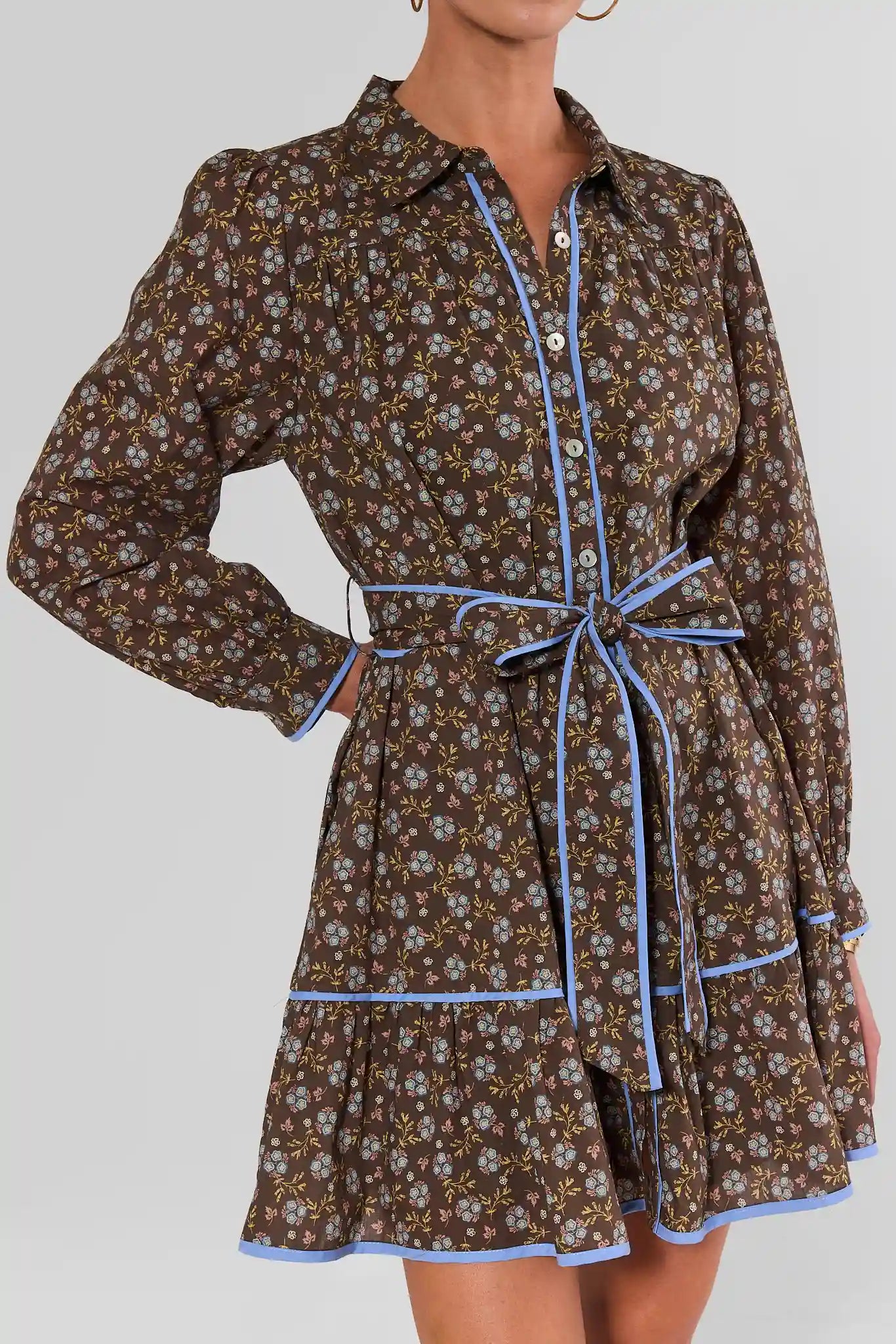 Brown Floral Printed Collared Short Dress