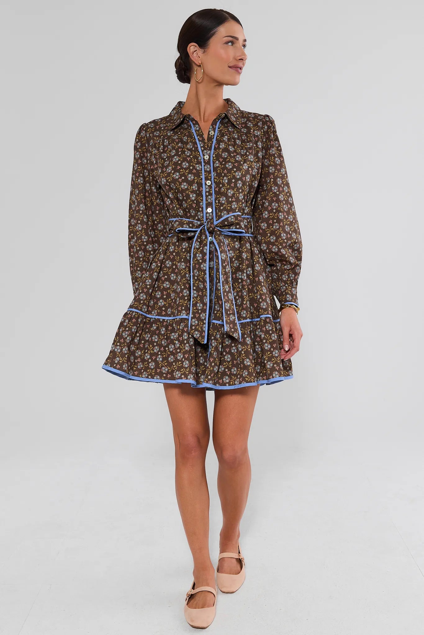 Brown Floral Printed Collared Short Dress