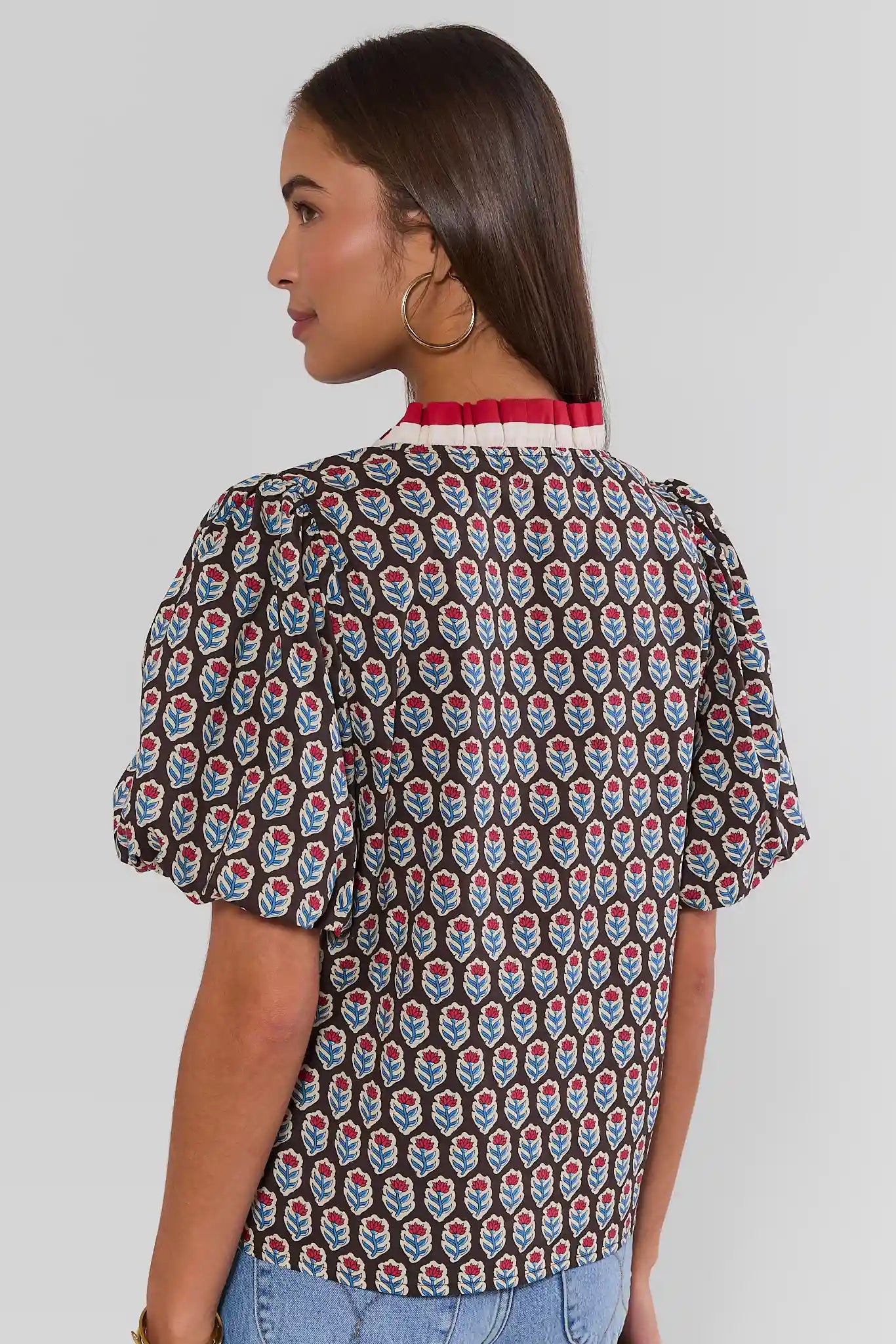 Brown Printed Contrast Trim Top