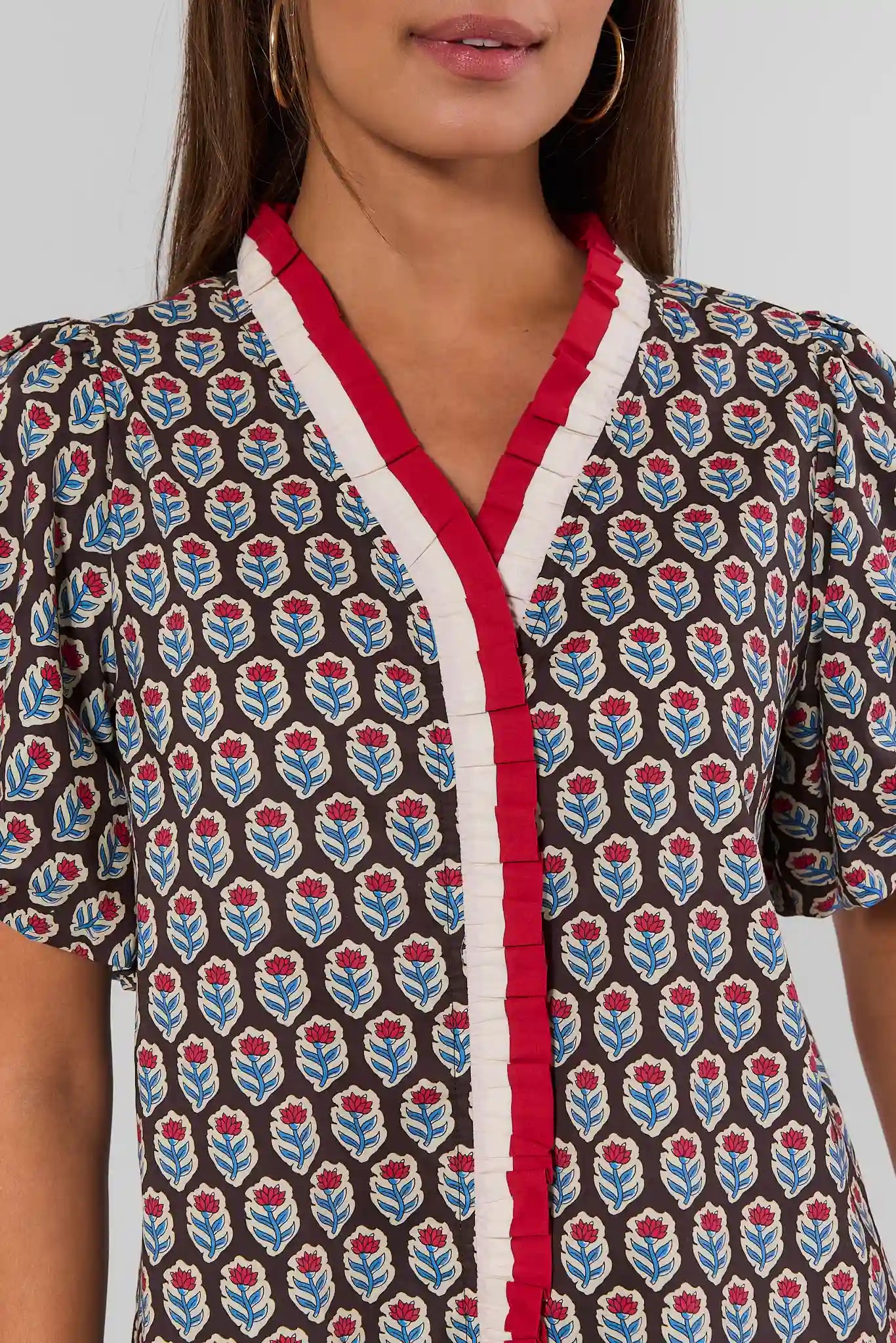Brown Printed Contrast Trim Top