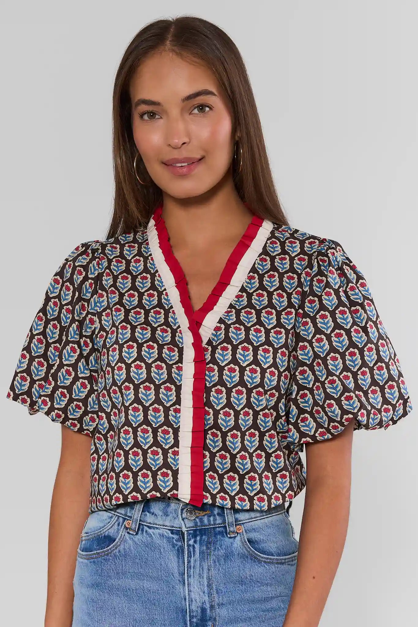 Brown Printed Contrast Trim Top