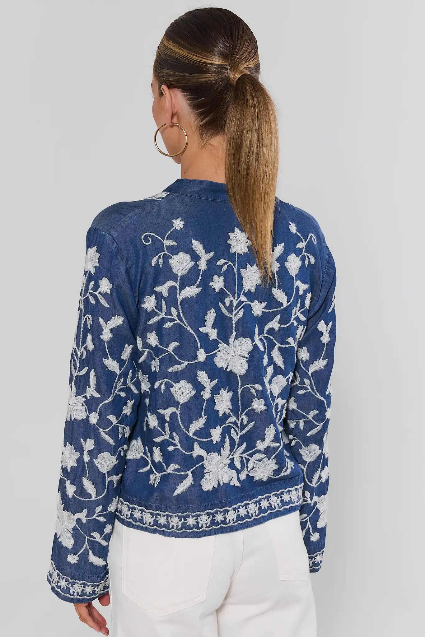 Chambray Embroidered Button Up Top